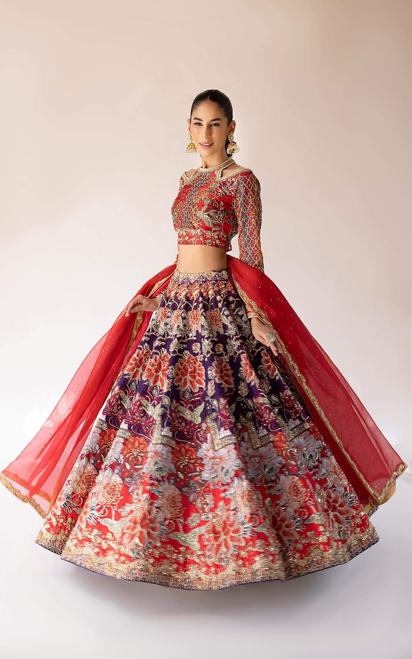 Pakistani Red and Purple Embroidered Silk Lehenga Choli (3-Piece) - Image 8