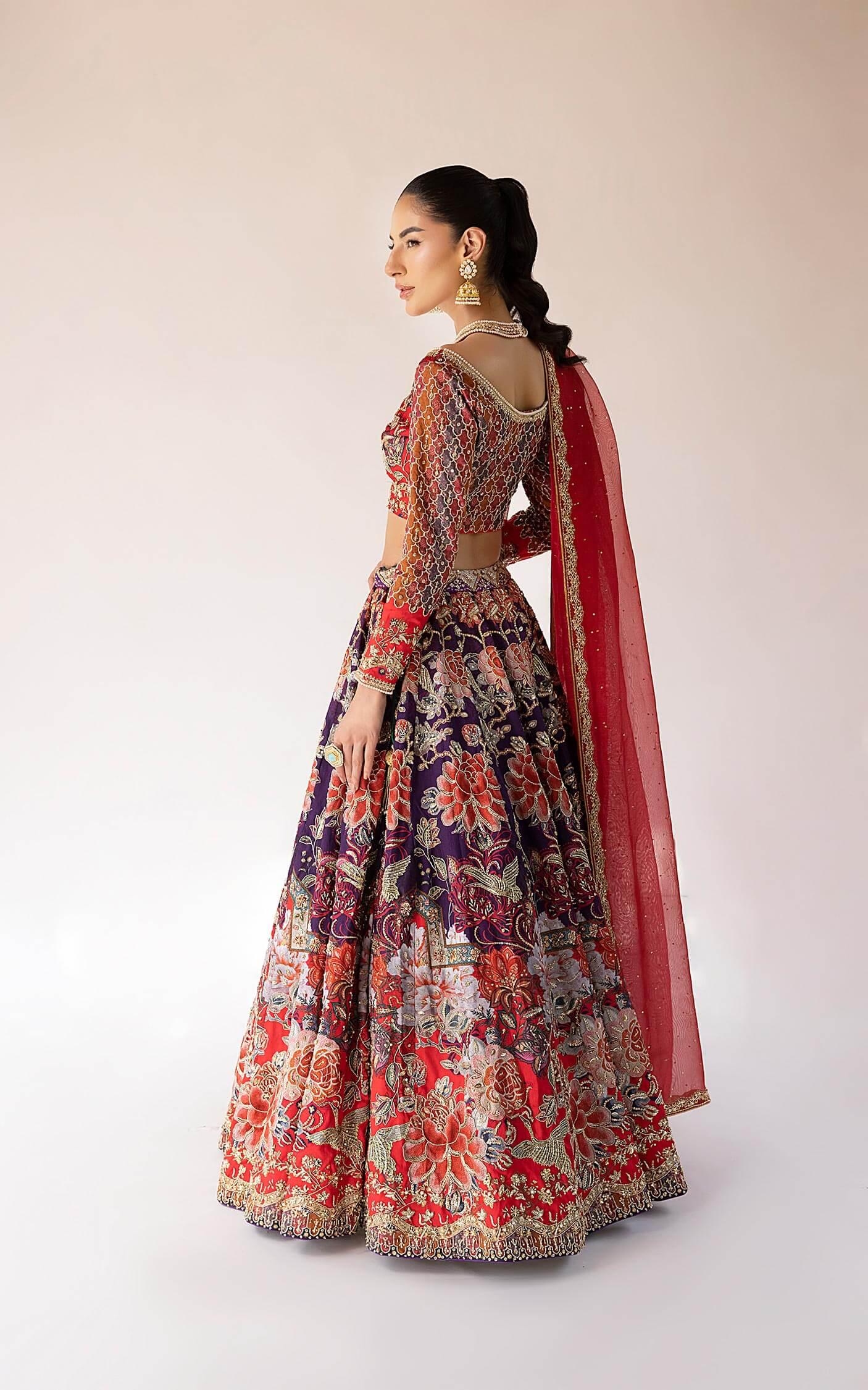 Pakistani Red and Purple Embroidered Silk Lehenga Choli (3-Piece) - Image 9