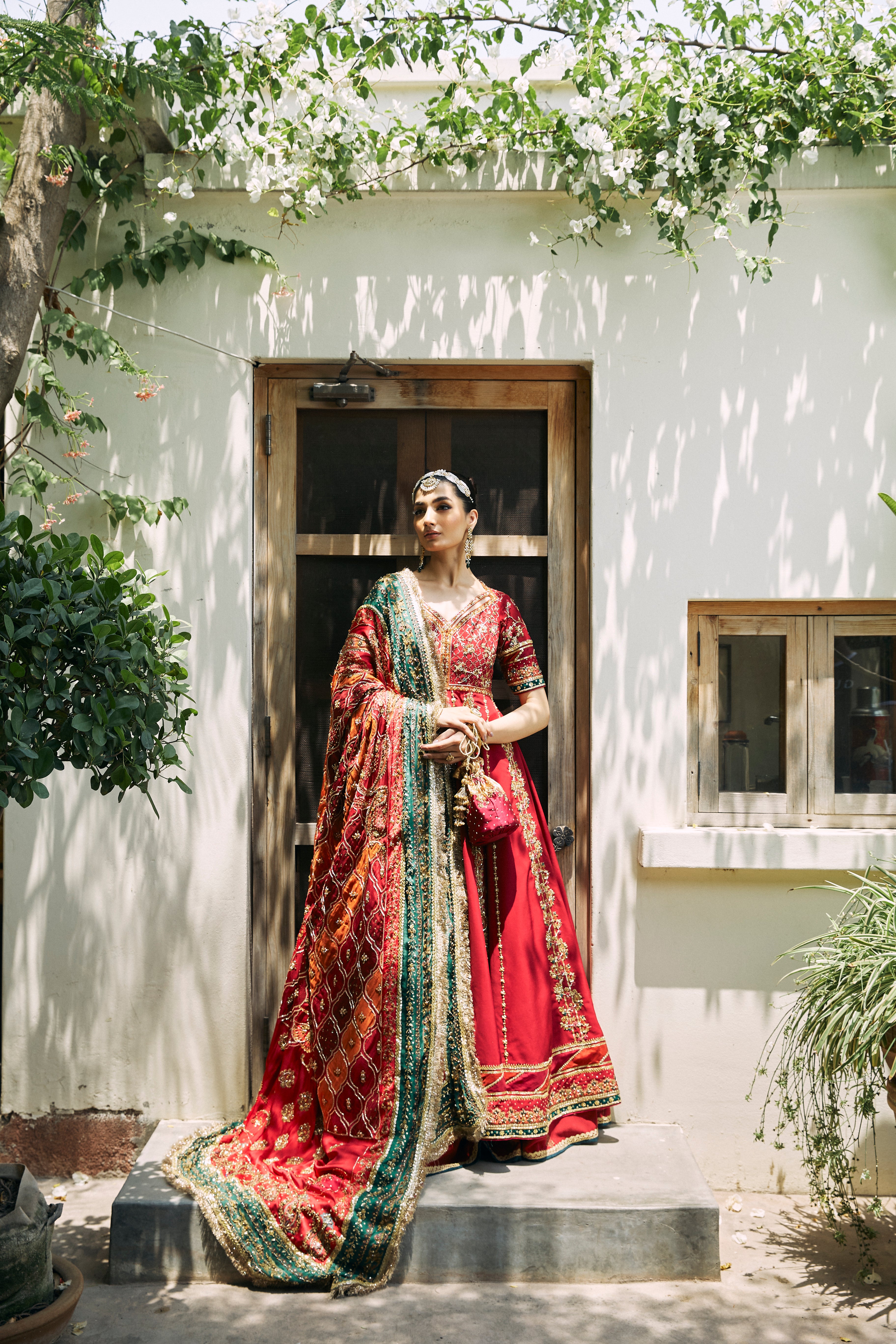 Red Hand-Embellished Silk Bridal Lehenga (3-Piece) - Image 1