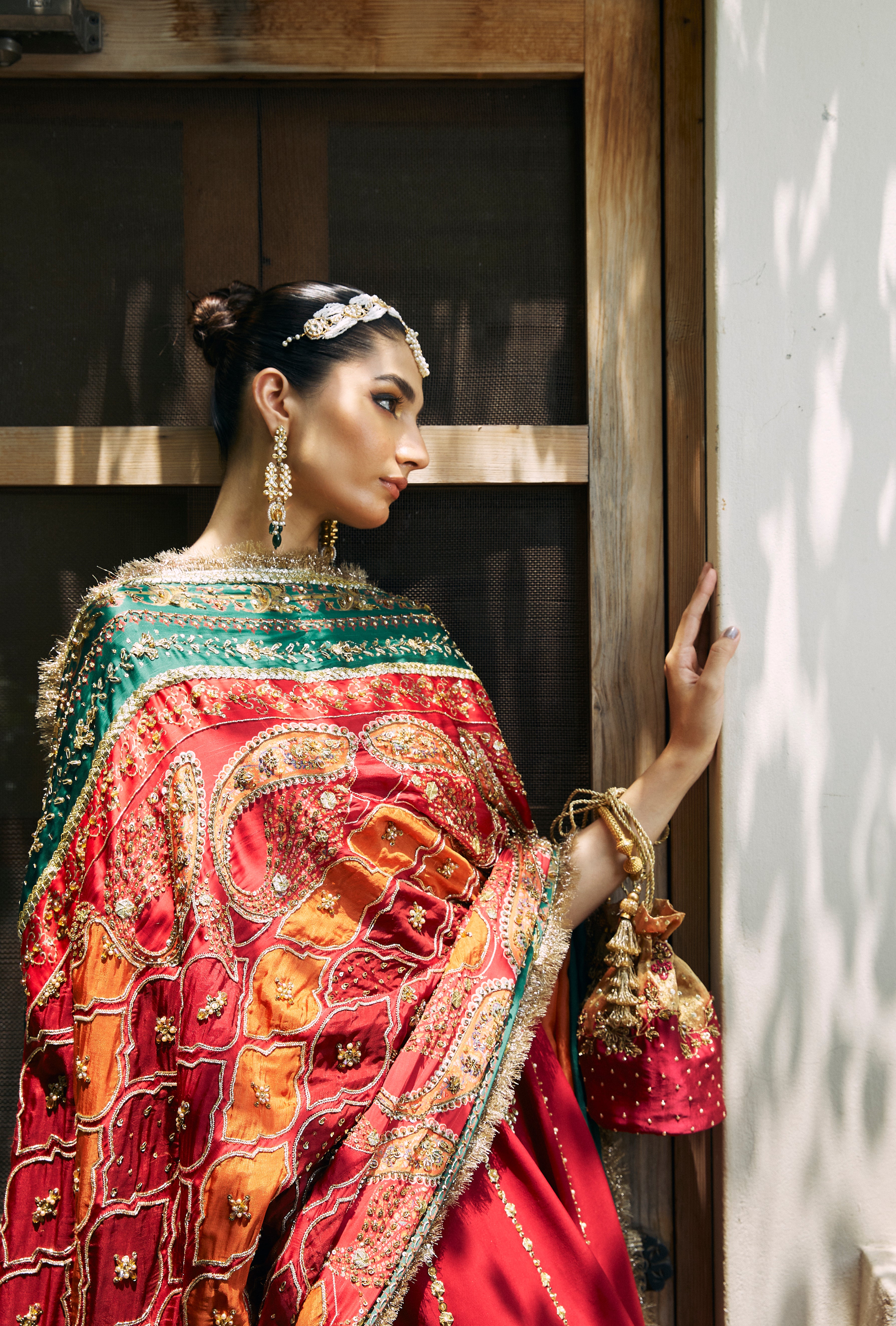 Red Hand-Embellished Silk Bridal Lehenga (3-Piece) - Image 2