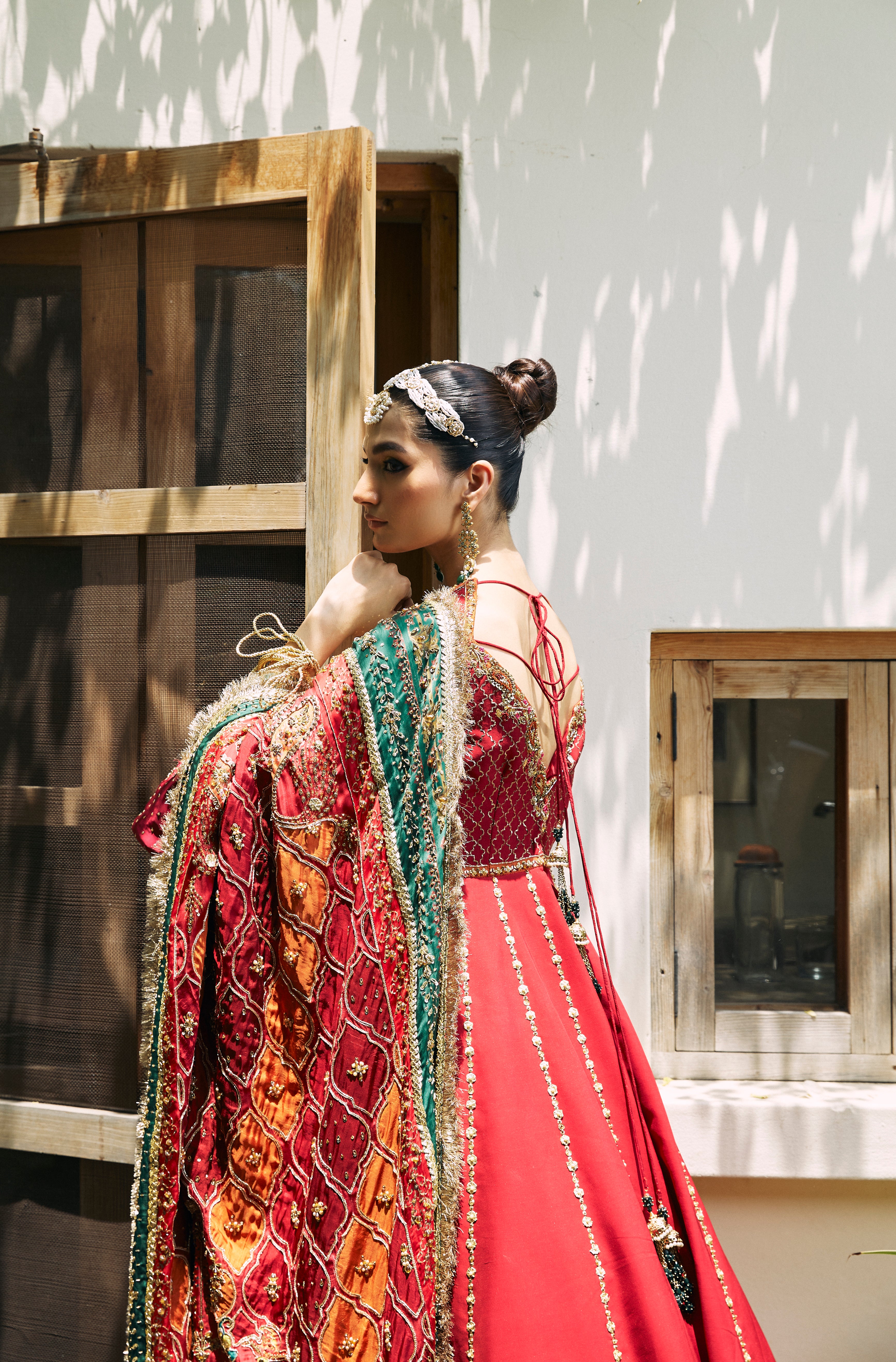 Red Hand-Embellished Silk Bridal Lehenga (3-Piece) - Image 4
