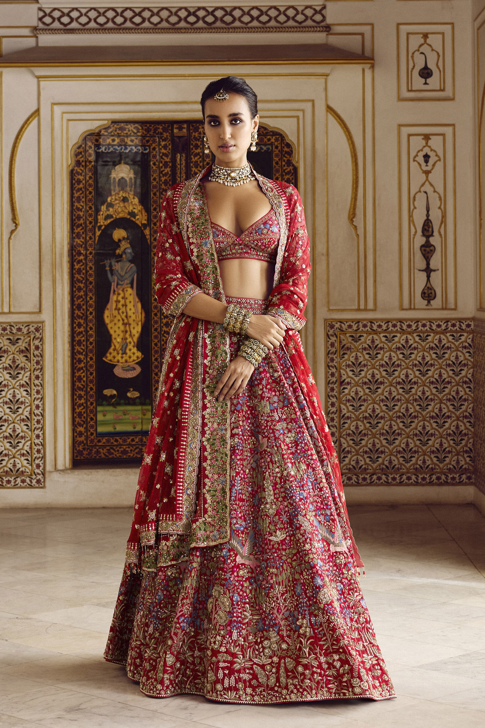 Indian Red Embroidered Silk Bridal Lehenga Set (3-Piece) - Image 1