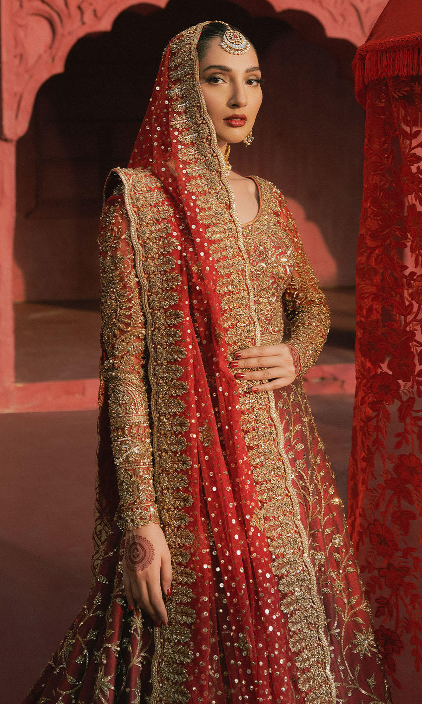 Carmine Naqshi Embroidered Silk & Net Bridal Lehenga (3-Piece) - Image 1
