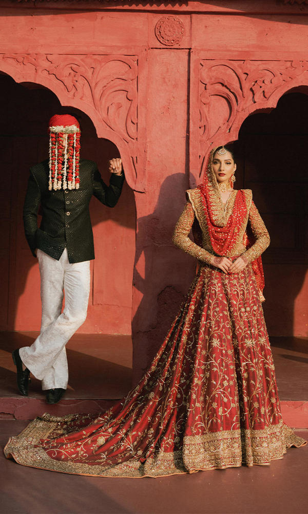 Carmine Naqshi Embroidered Silk & Net Bridal Lehenga (3-Piece) - Image 3