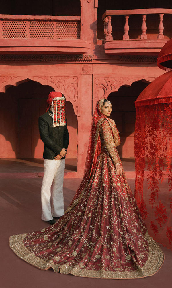 Carmine Naqshi Embroidered Silk & Net Bridal Lehenga (3-Piece) - Image 4