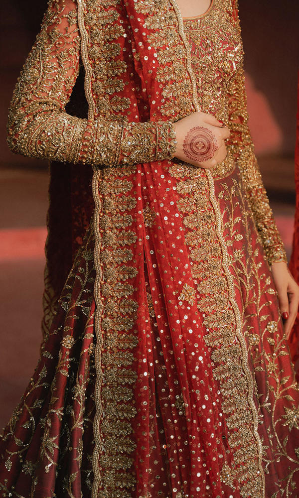 Carmine Naqshi Embroidered Silk & Net Bridal Lehenga (3-Piece) - Image 8