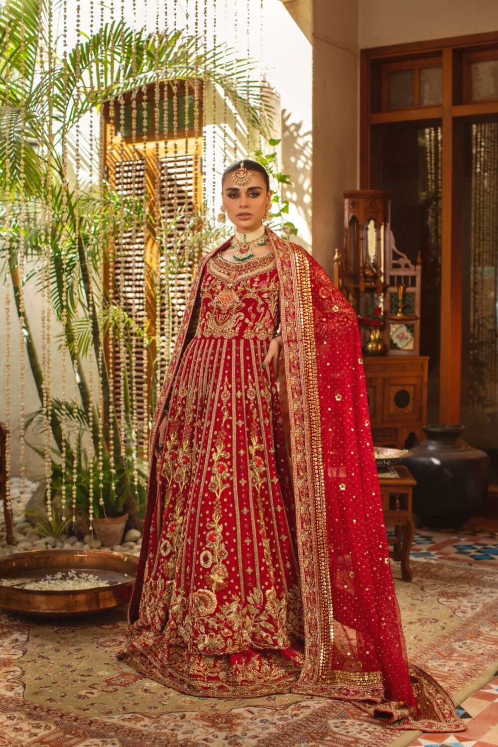 Pakistani Red Naqshi Embroidered Silk Bridal Lehenga (2-Piece) - Image 1