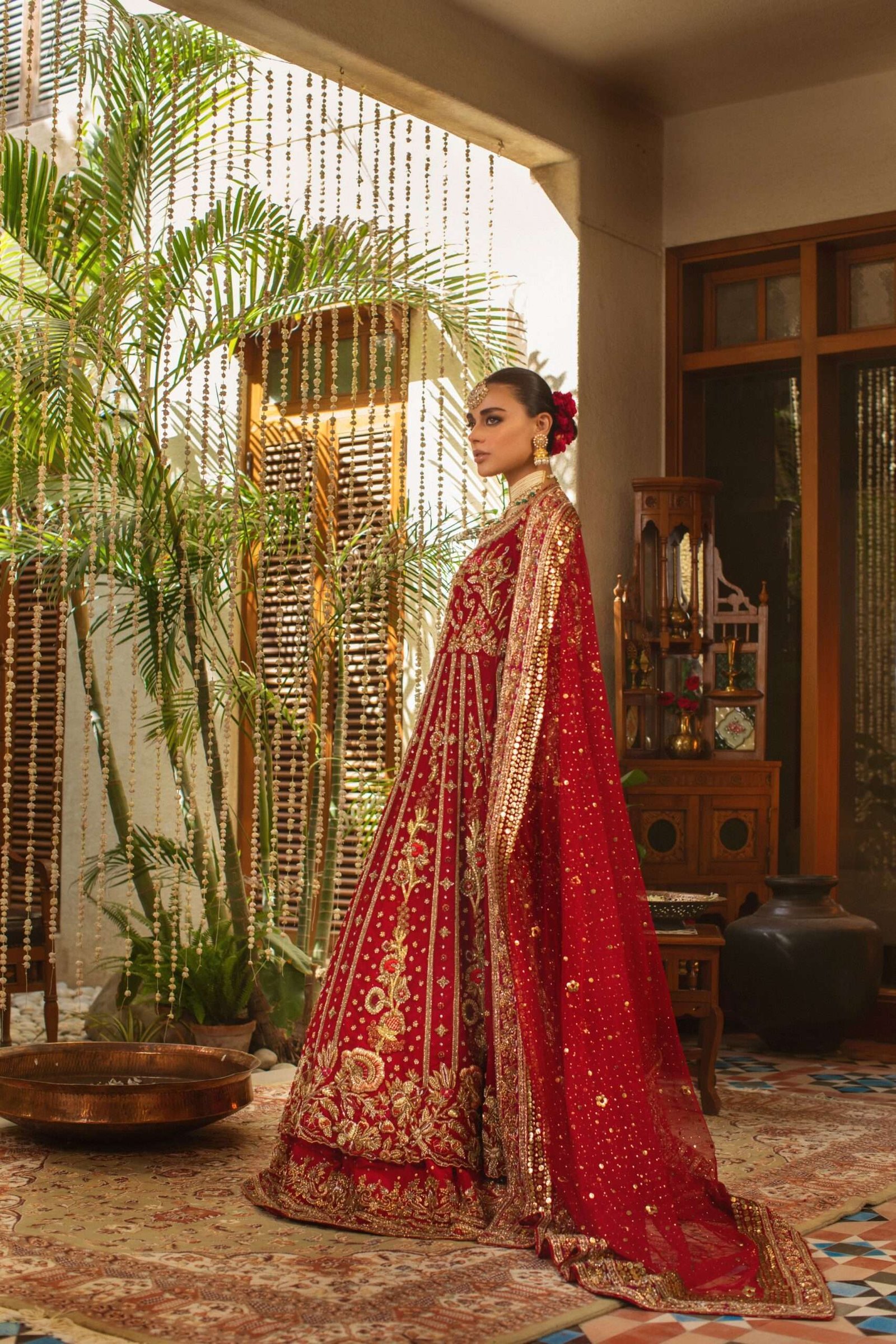 Pakistani Red Naqshi Embroidered Silk Bridal Lehenga (2-Piece) - Image 9