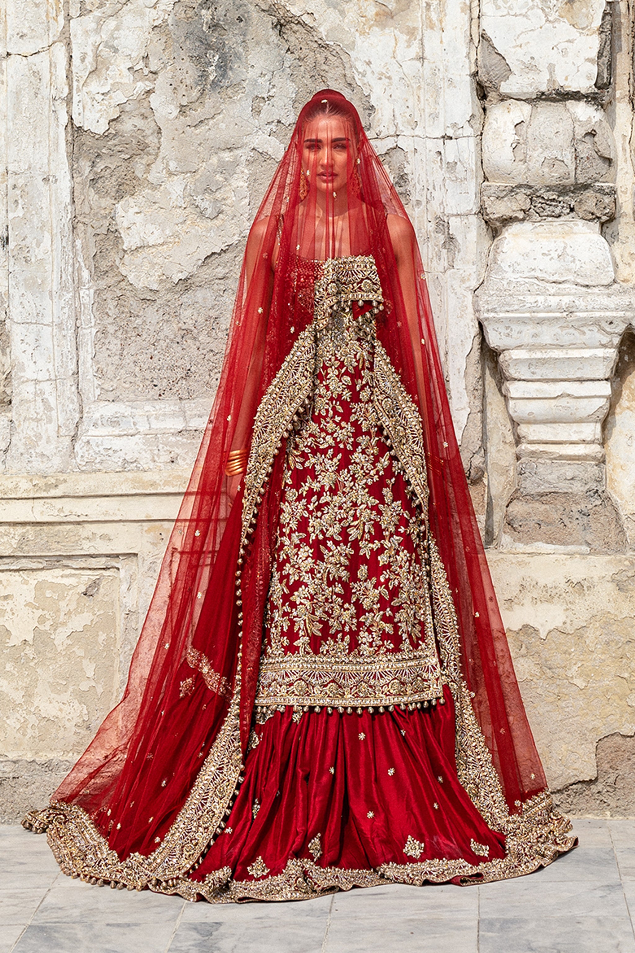 Deep Red Handworked Silk Farshi Lehenga (3-Piece) - Image 1