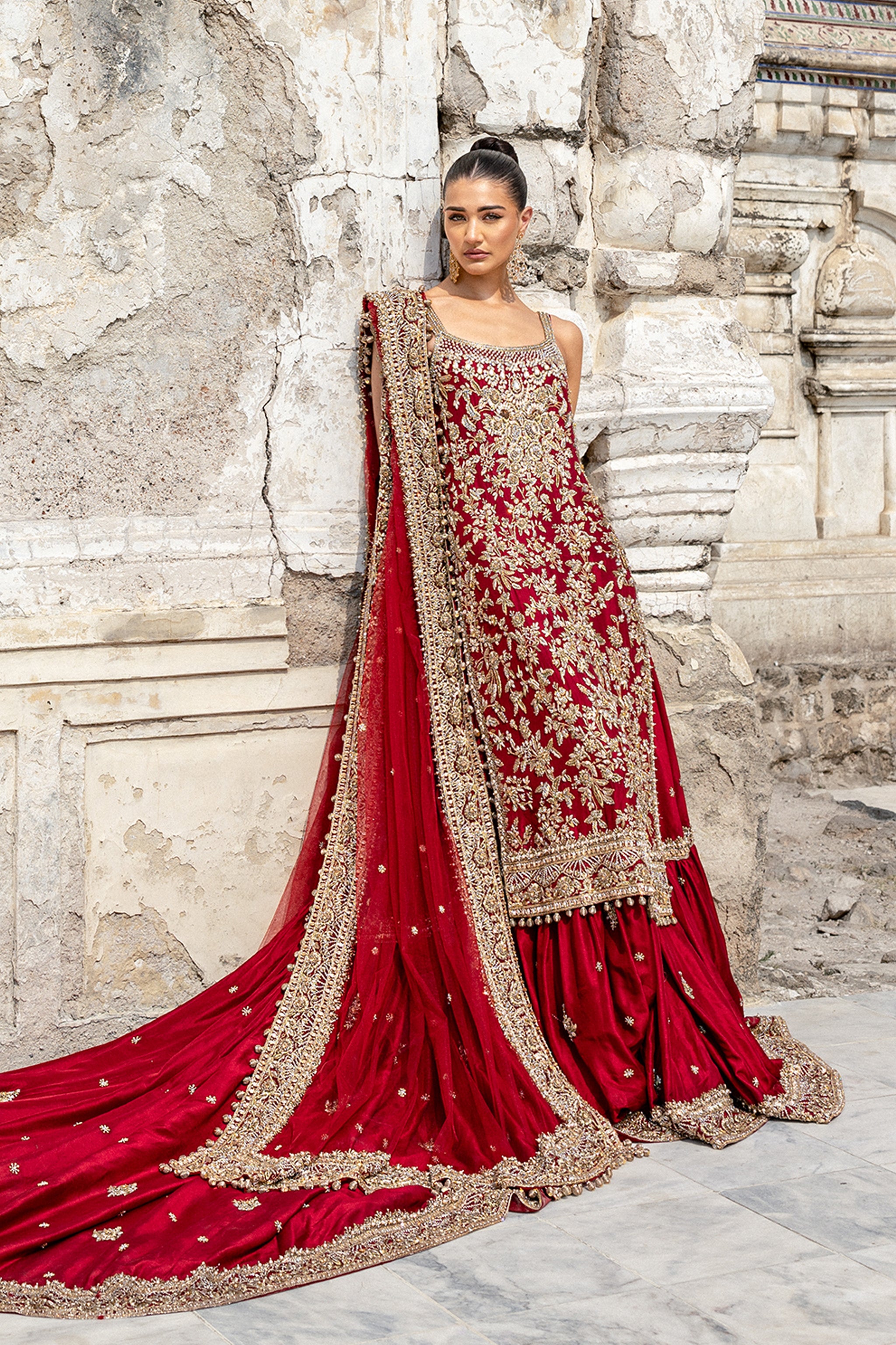 Deep Red Handworked Silk Farshi Lehenga (3-Piece) - Image 2