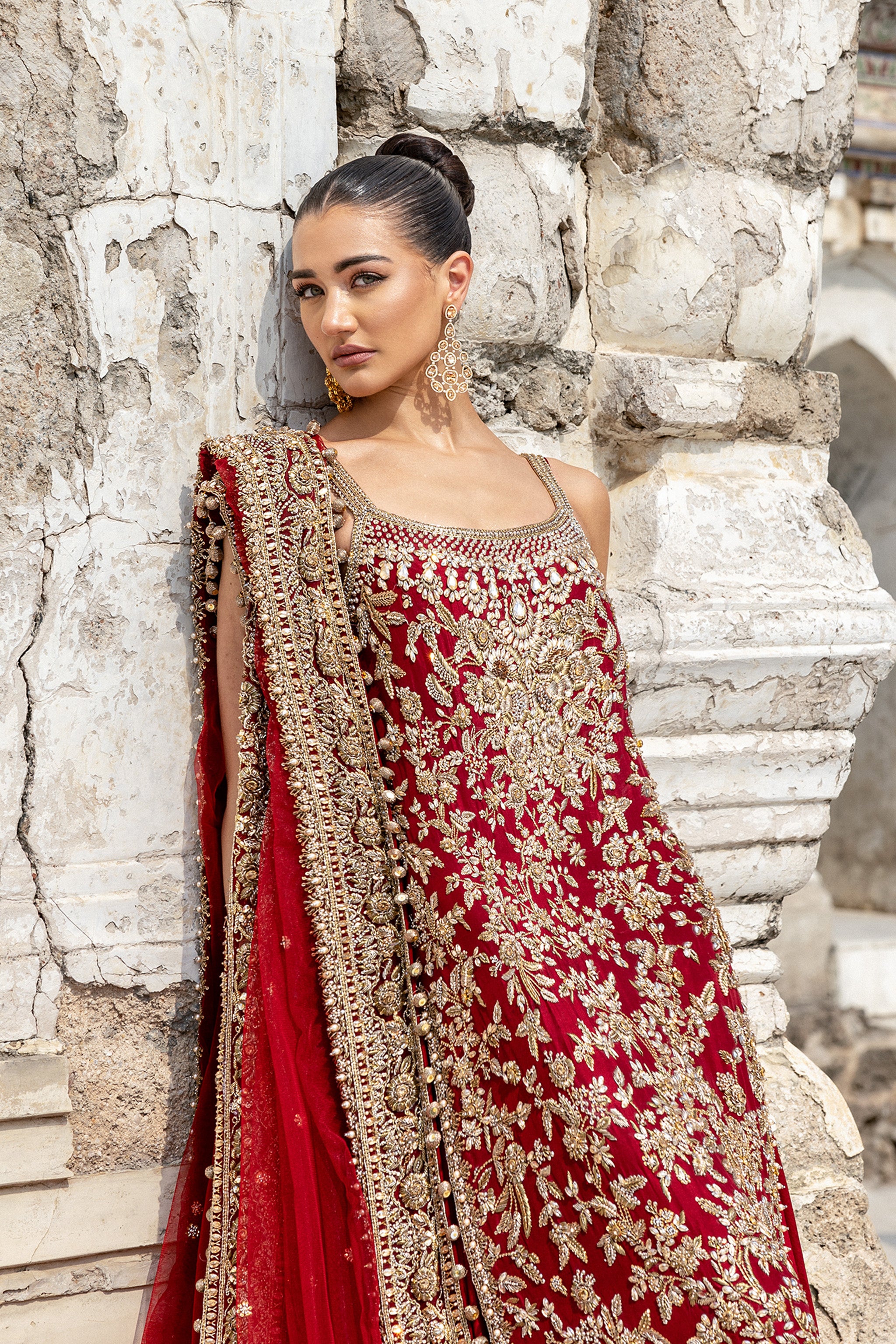 Deep Red Handworked Silk Farshi Lehenga (3-Piece) - Image 3