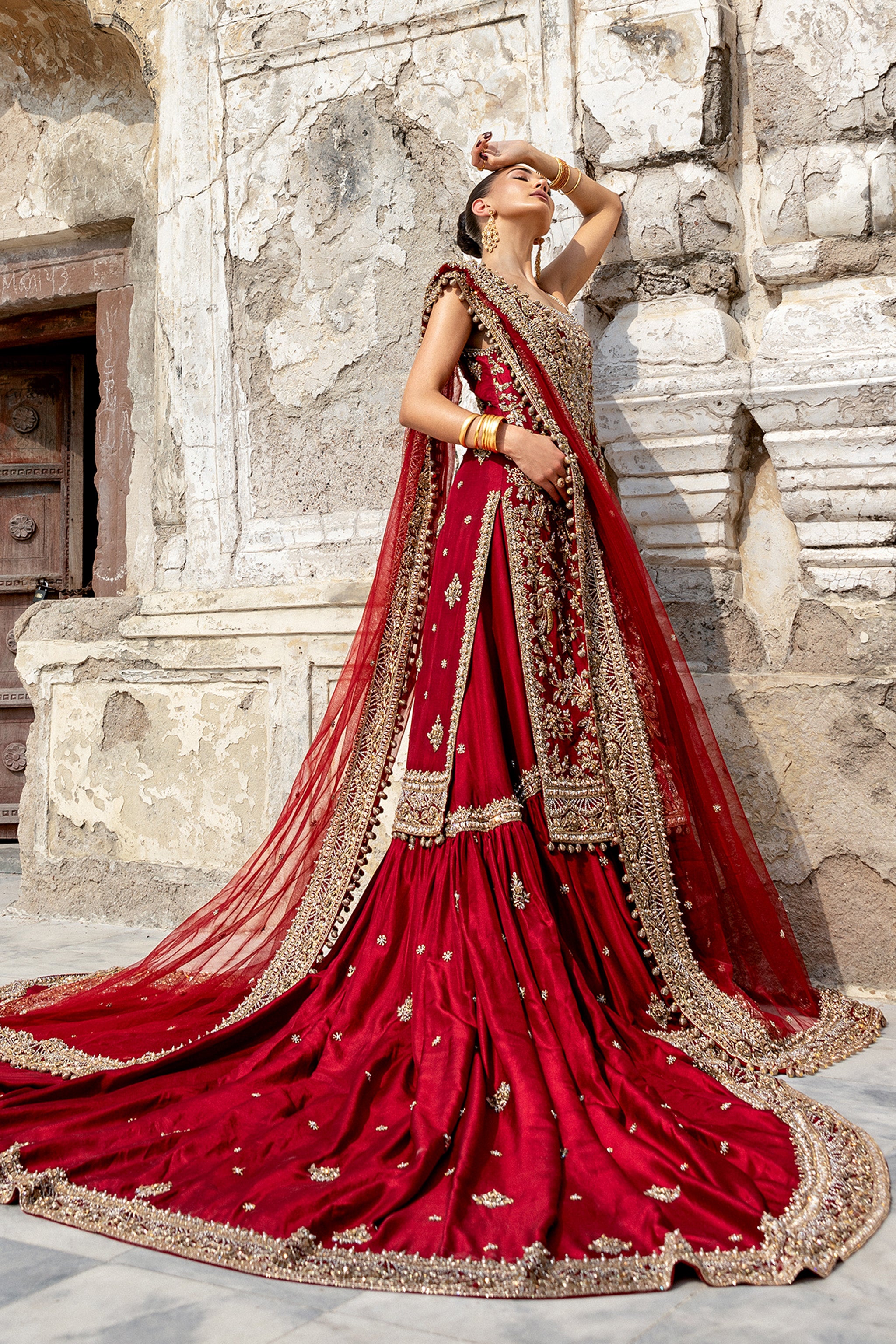 Deep Red Handworked Silk Farshi Lehenga (3-Piece) - Image 4