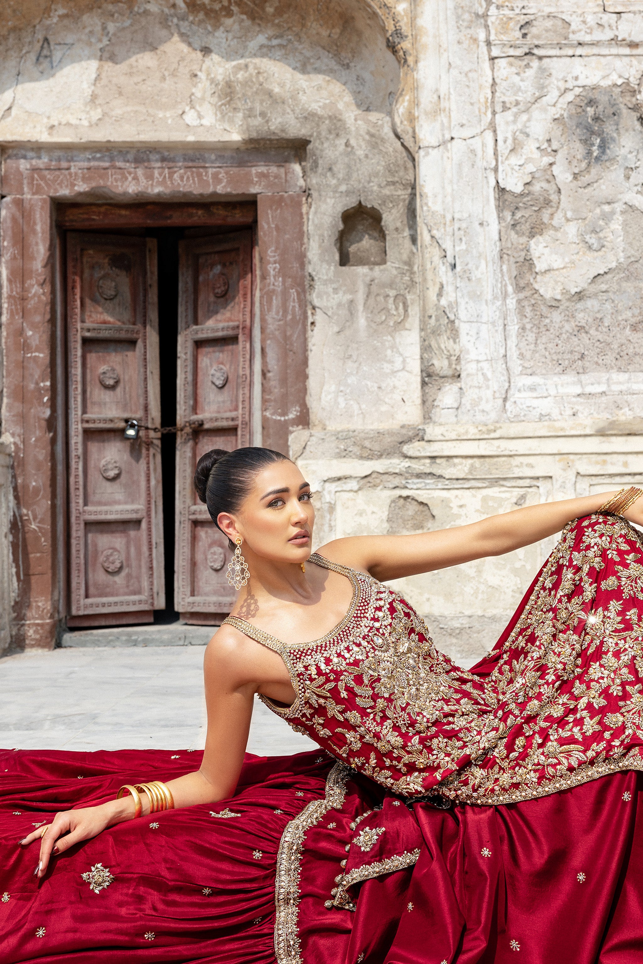 Deep Red Handworked Silk Farshi Lehenga (3-Piece) - Image 5
