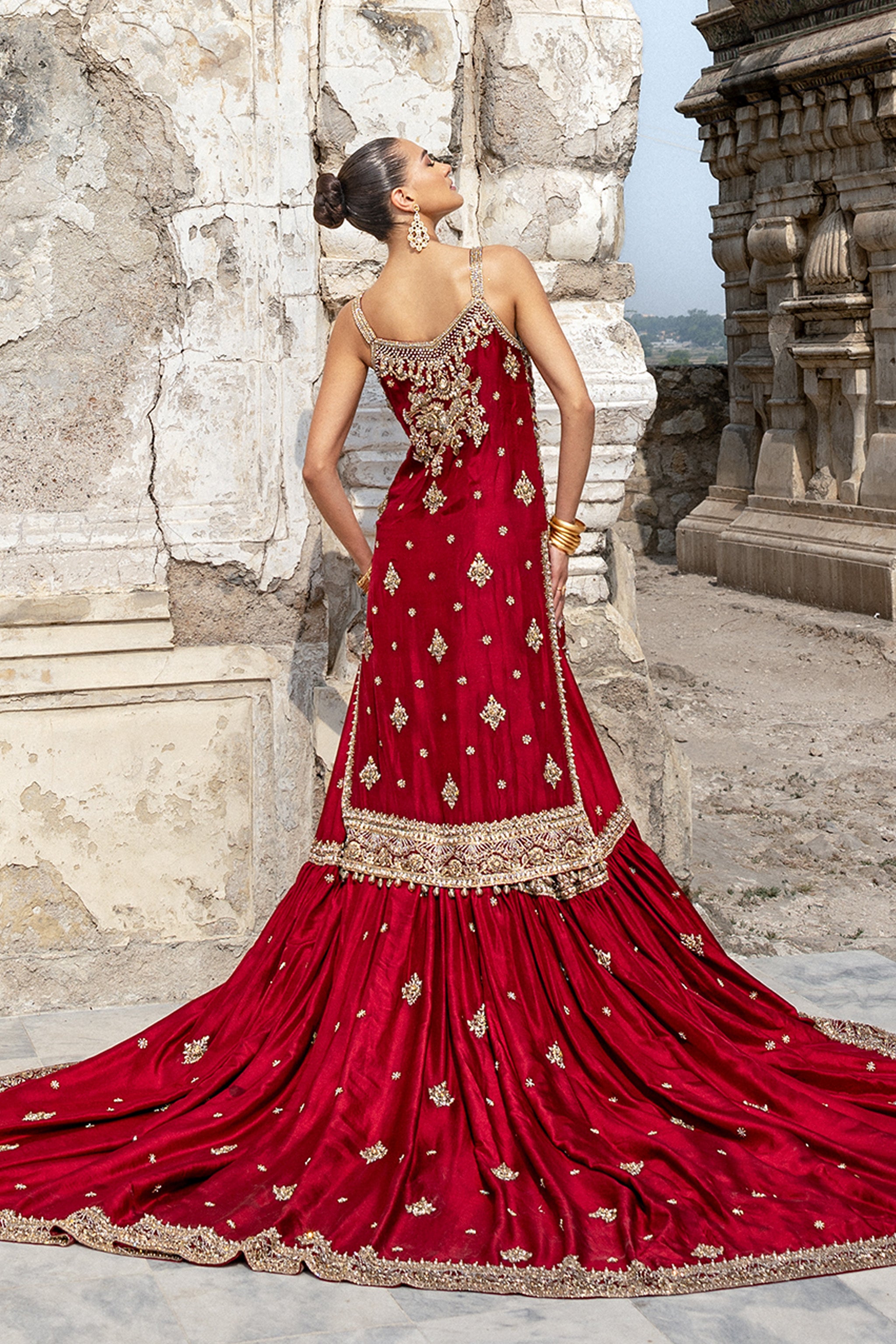 Deep Red Handworked Silk Farshi Lehenga (3-Piece) - Image 6