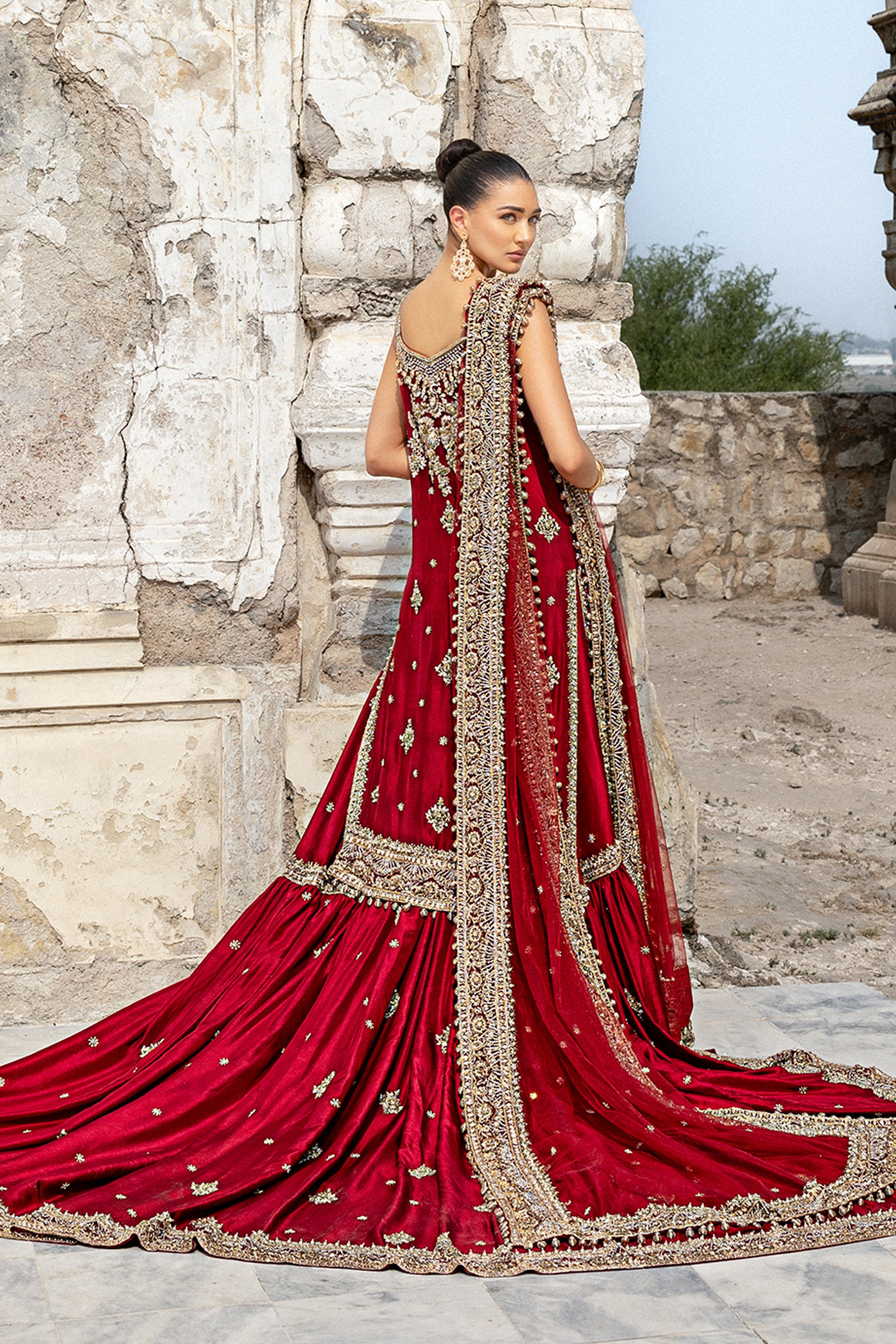 Deep Red Handworked Silk Farshi Lehenga (3-Piece) - Image 7