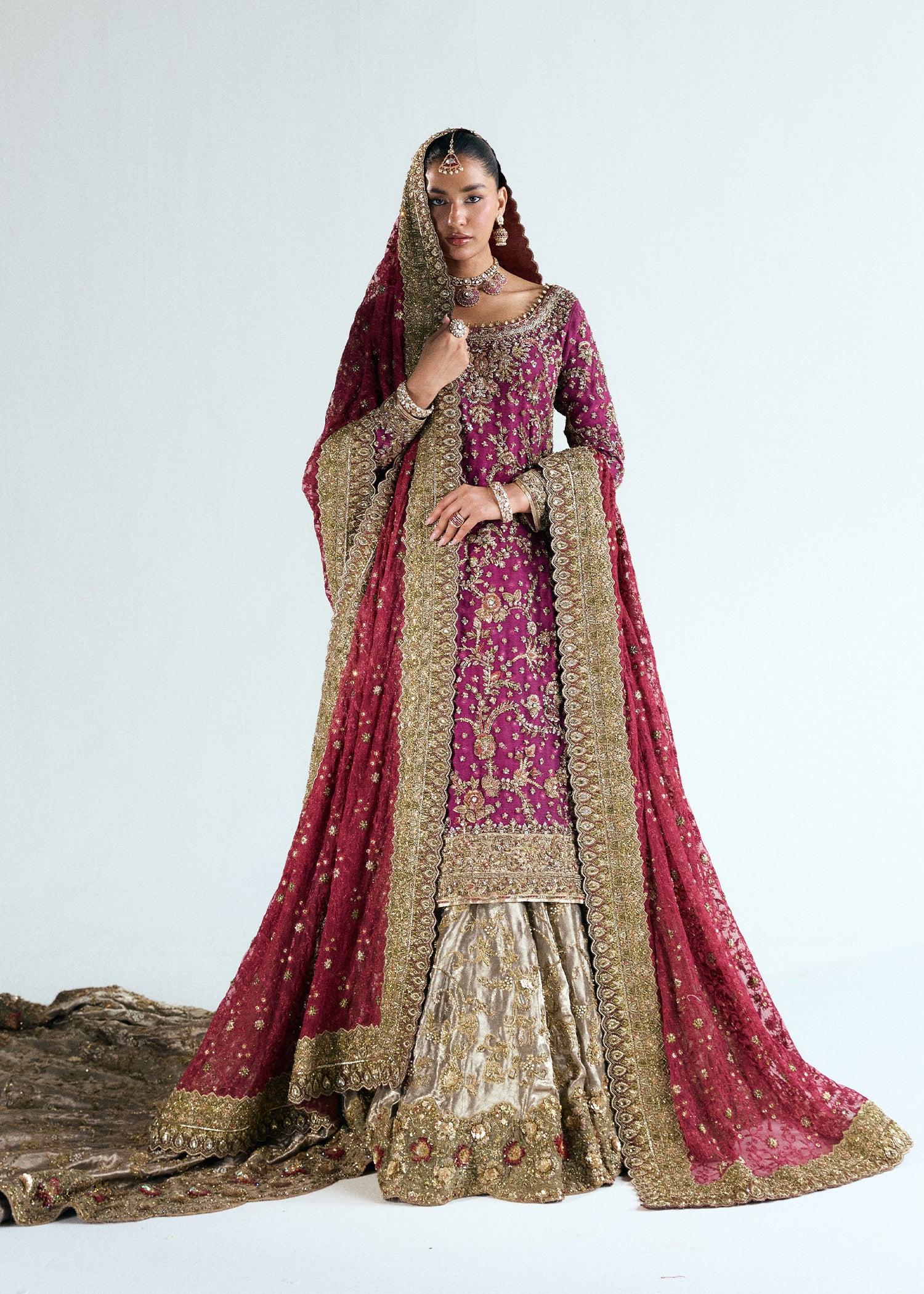 Pakistani Crimson Embellished Silk Net & French Lama Lehenga (3-Piece) - Image 1