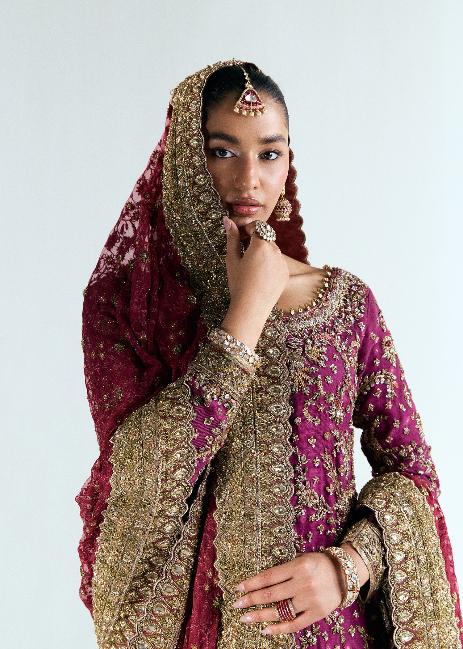 Pakistani Crimson Embellished Silk Net & French Lama Lehenga (3-Piece) - Image 2