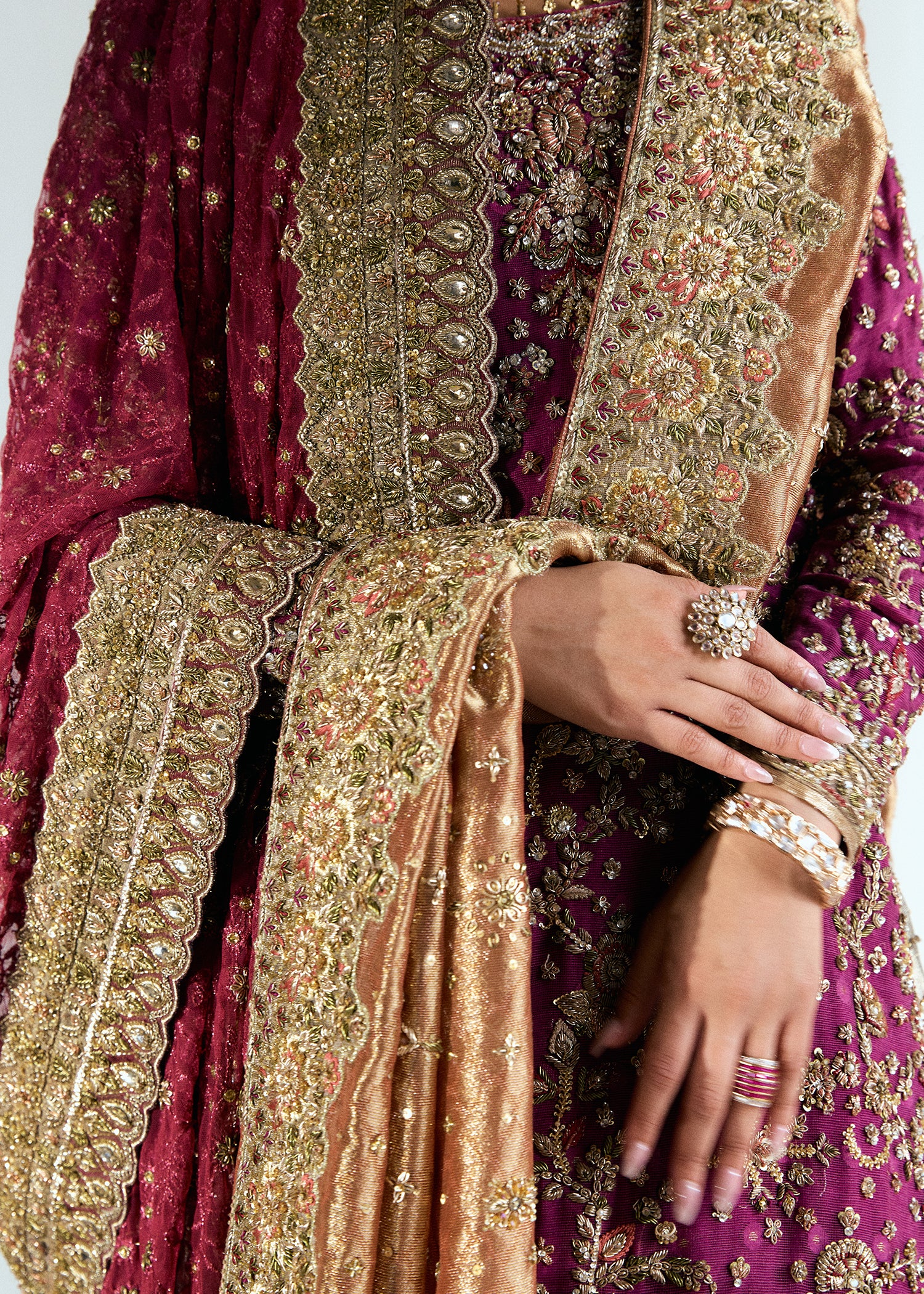 Pakistani Crimson Embellished Silk Net & French Lama Lehenga (3-Piece) - Image 3