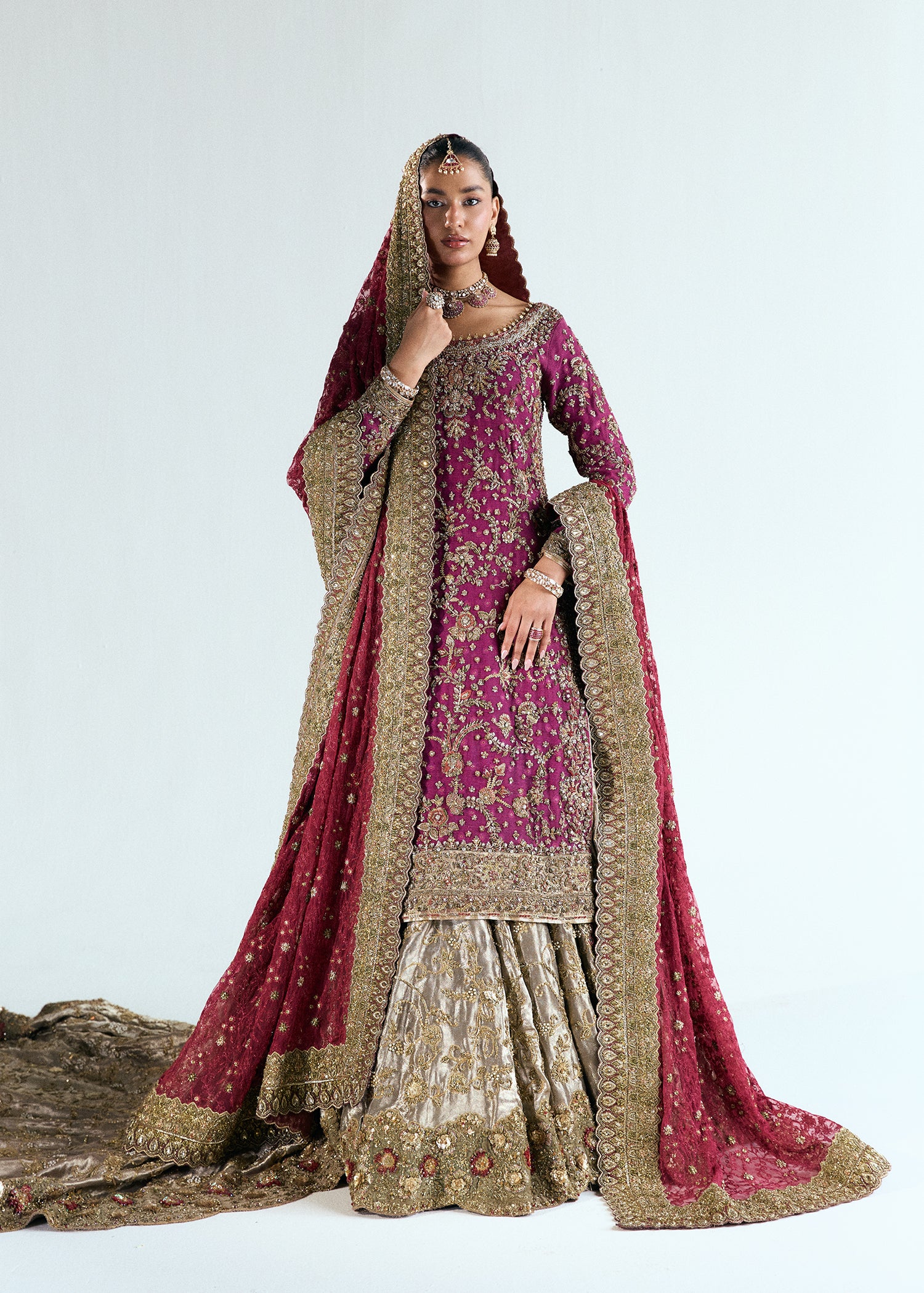 Pakistani Crimson Embellished Silk Net & French Lama Lehenga (3-Piece) - Image 4