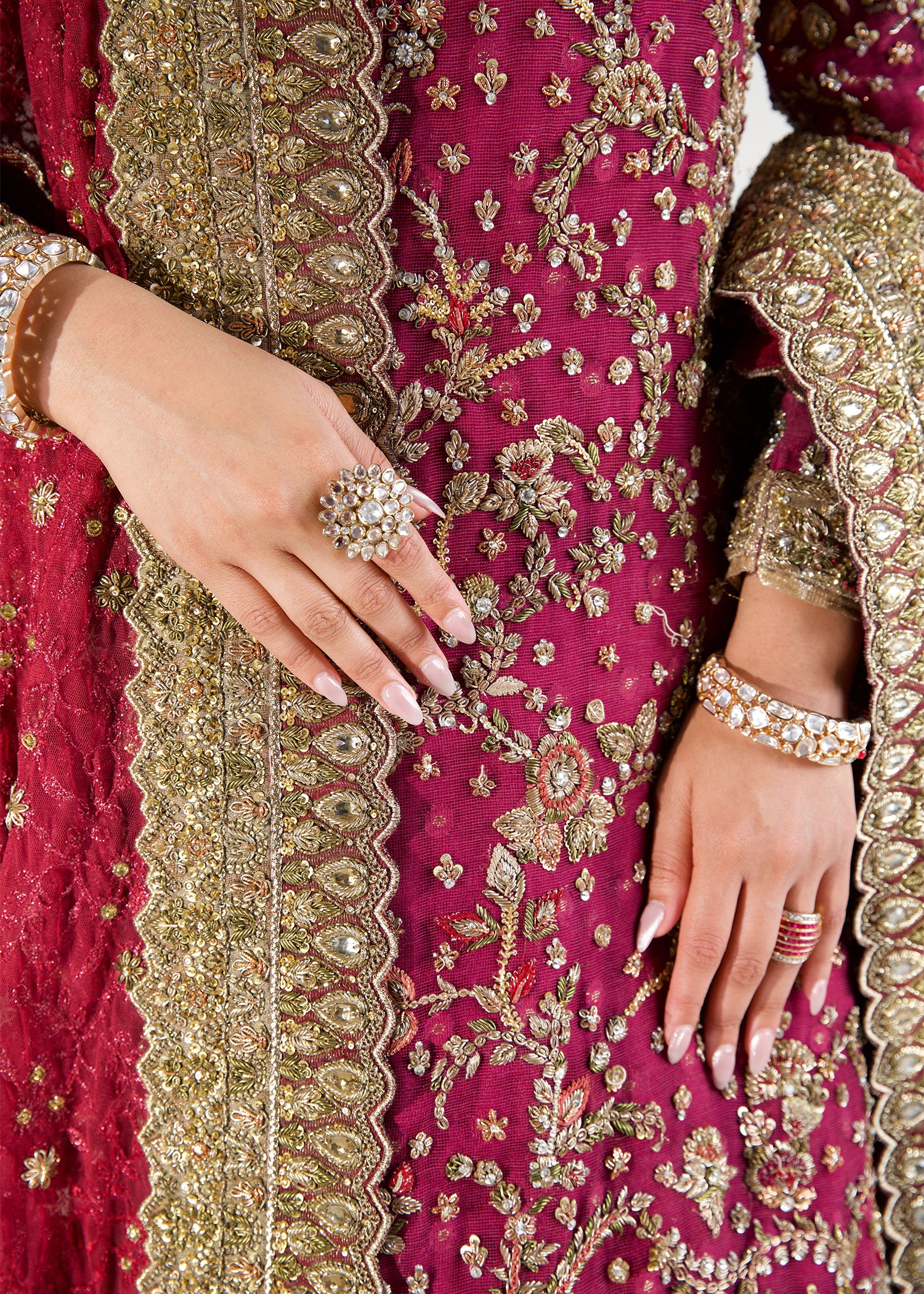 Pakistani Crimson Embellished Silk Net & French Lama Lehenga (3-Piece) - Image 5