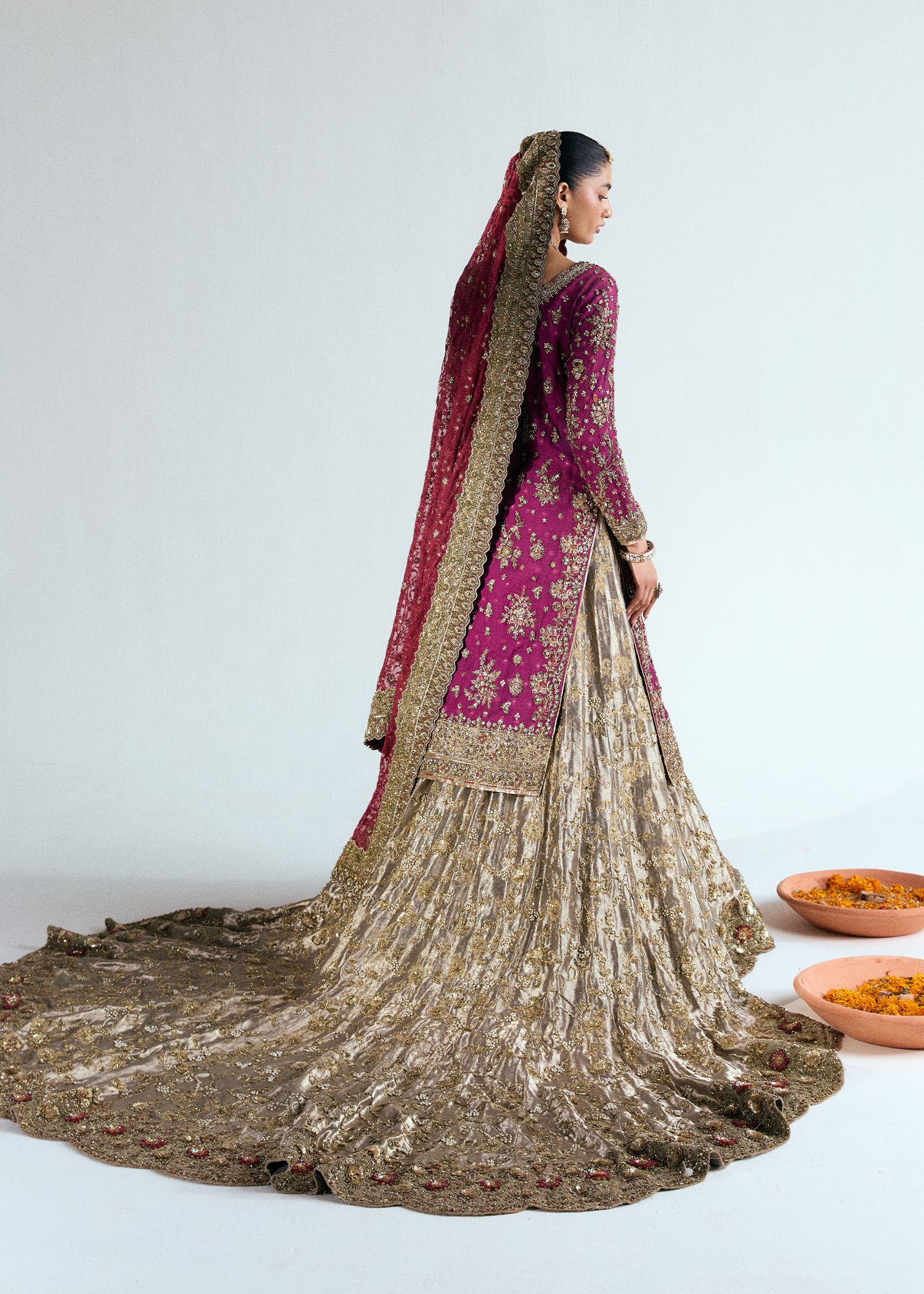 Pakistani Crimson Embellished Silk Net & French Lama Lehenga (3-Piece) - Image 6