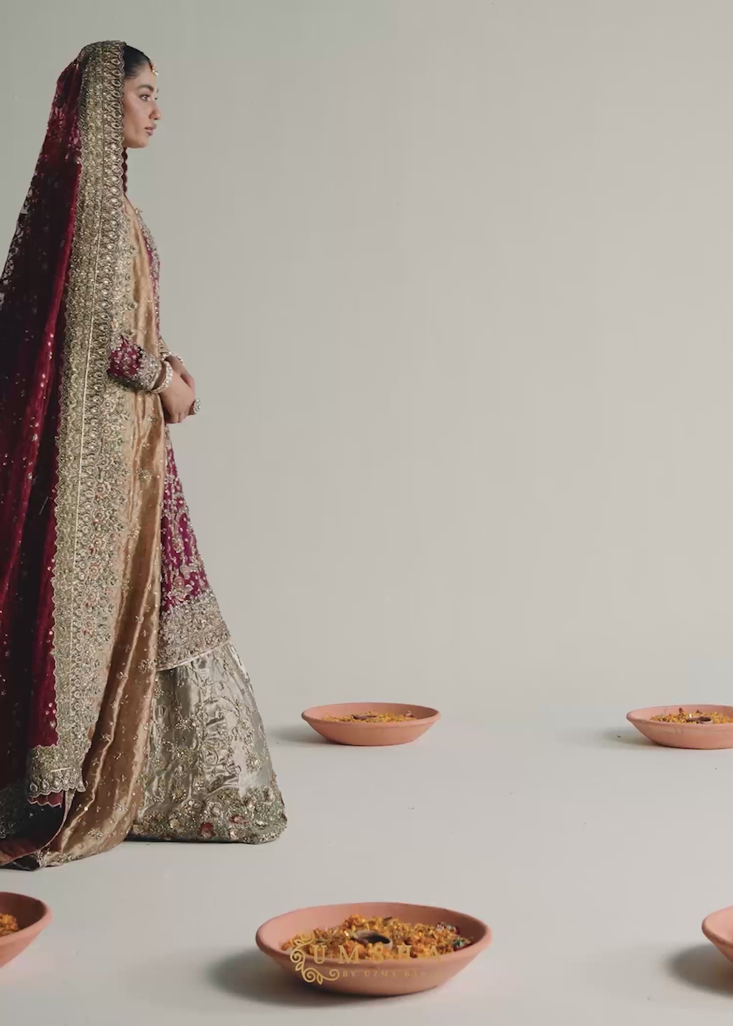 Pakistani Crimson Embellished Silk Net & French Lama Lehenga (3-Piece) - Image 7