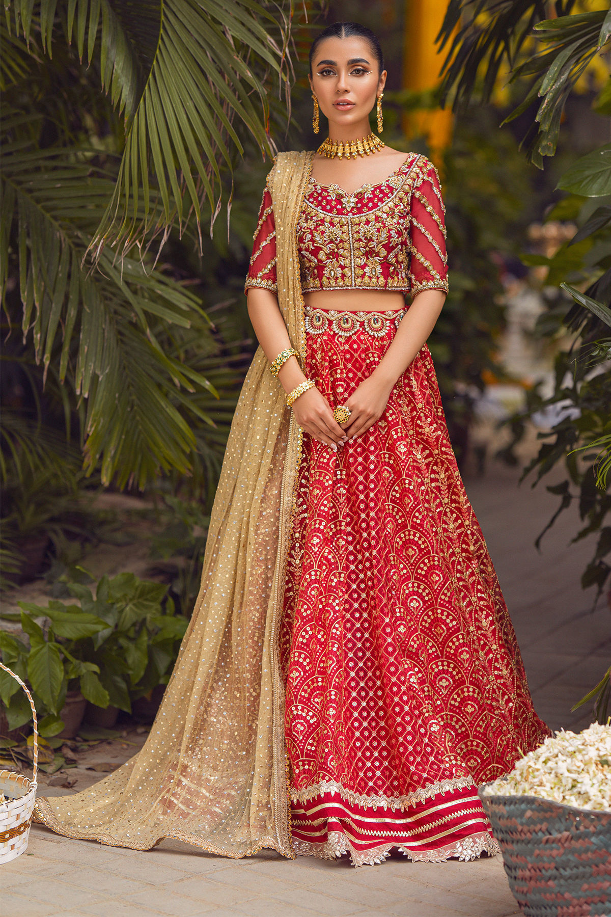 Scarlet Gota Embroidered Silk Net Choli & Organza Lehenga (3-Piece) - Image 1