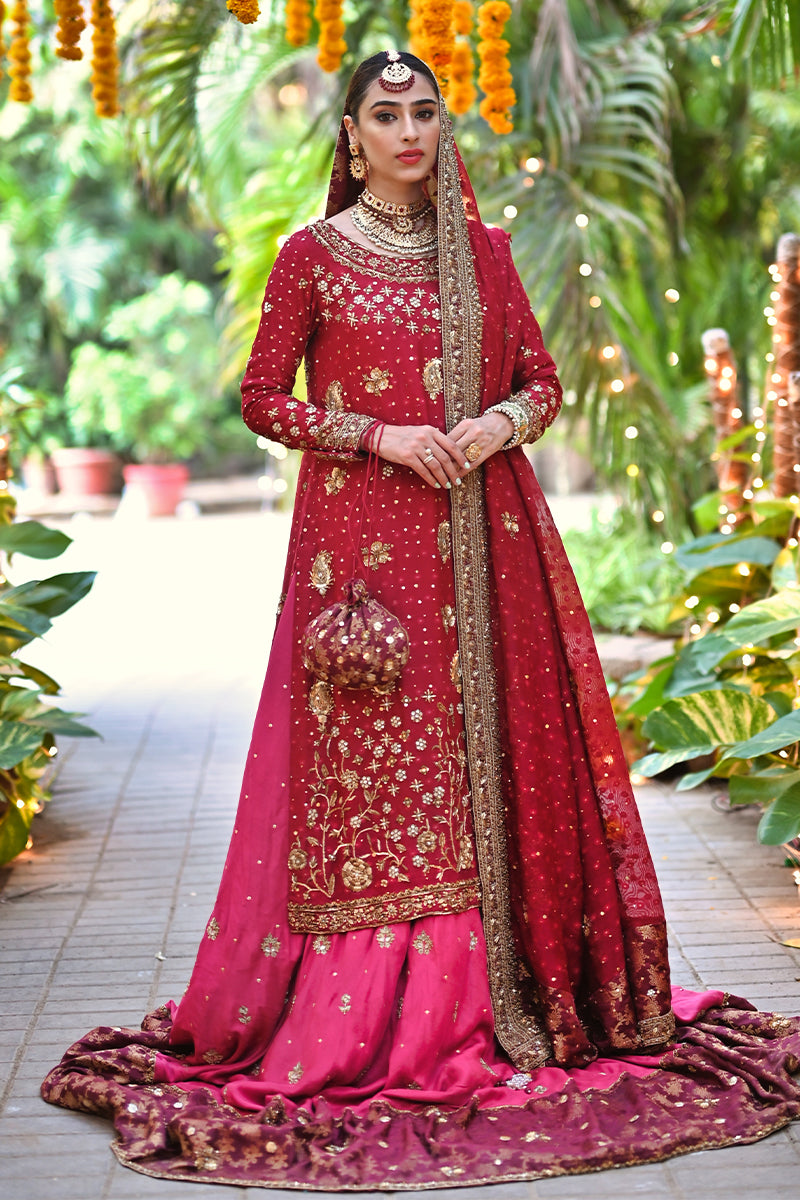 Deep Crimson Zardozi Silk Cotton Net Bridal Lehenga (3-Piece) - Image 1