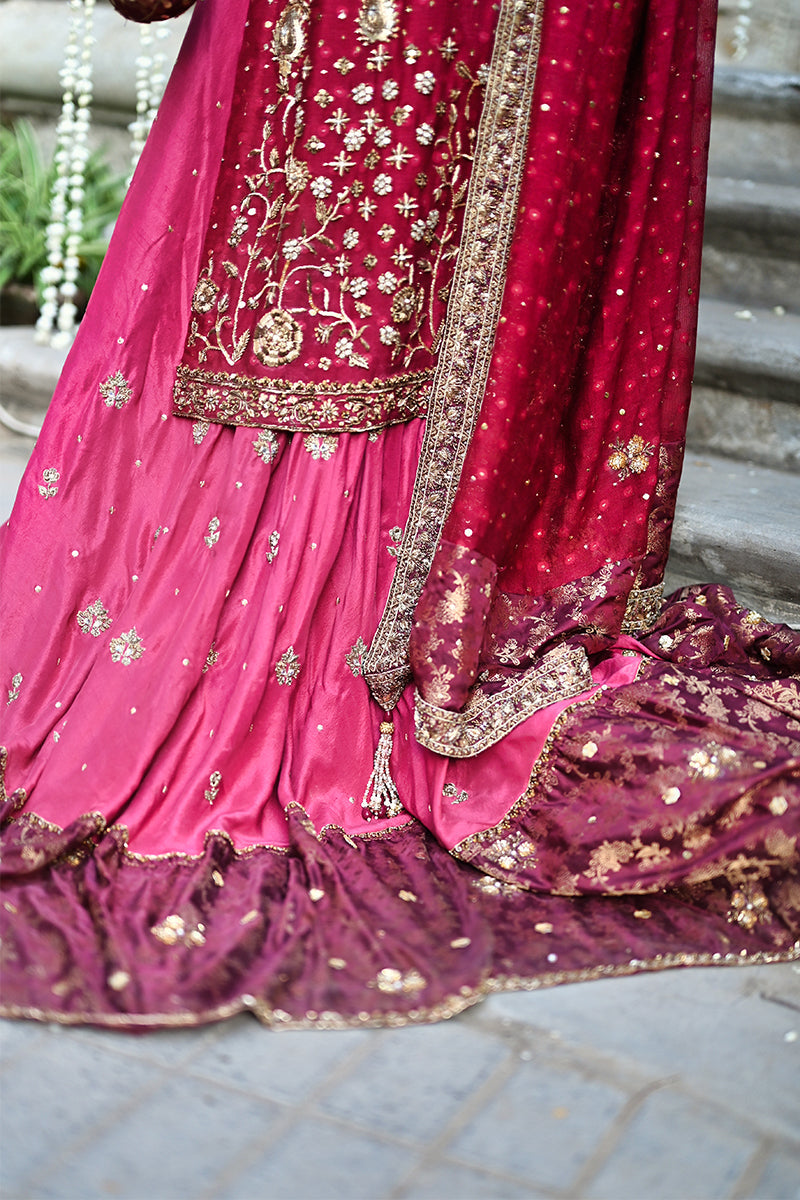 Deep Crimson Zardozi Silk Cotton Net Bridal Lehenga (3-Piece) - Image 4