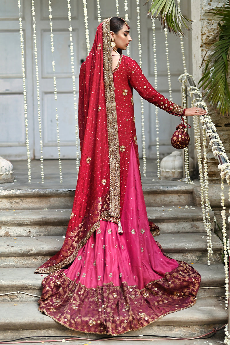 Deep Crimson Zardozi Silk Cotton Net Bridal Lehenga (3-Piece) - Image 5