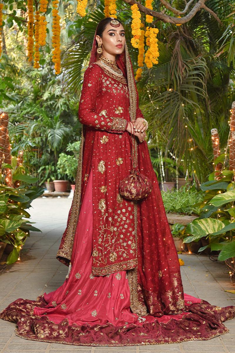 Deep Crimson Zardozi Silk Cotton Net Bridal Lehenga (3-Piece) - Image 6