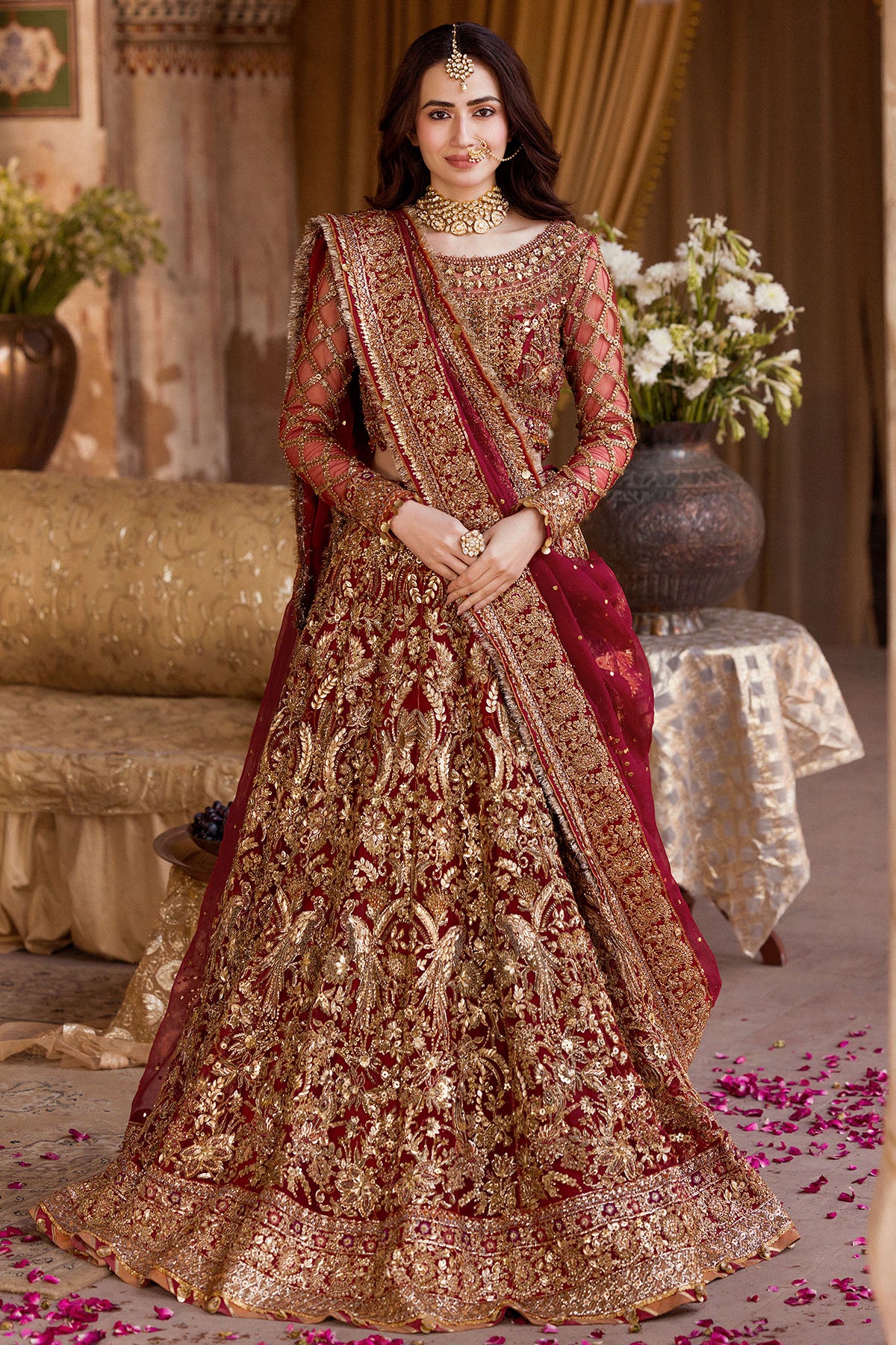 Crimson Hand-Embellished Silk Net Bridal Lehenga (3-Piece) - Image 1