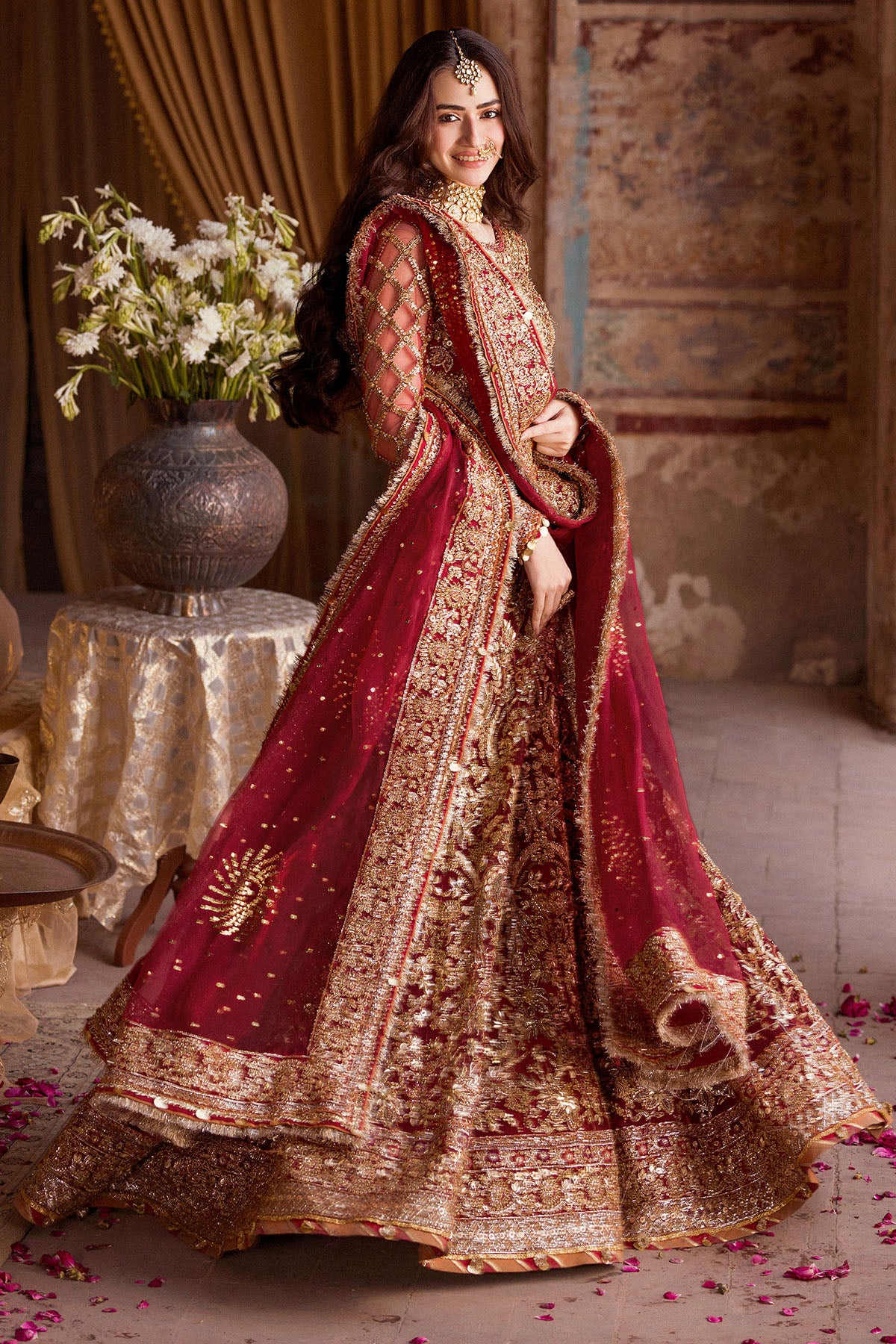 Crimson Hand-Embellished Silk Net Bridal Lehenga (3-Piece) - Image 2