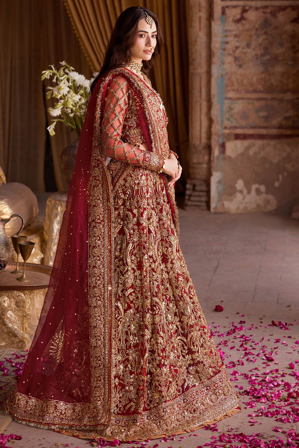 Crimson Hand-Embellished Silk Net Bridal Lehenga (3-Piece) - Image 3