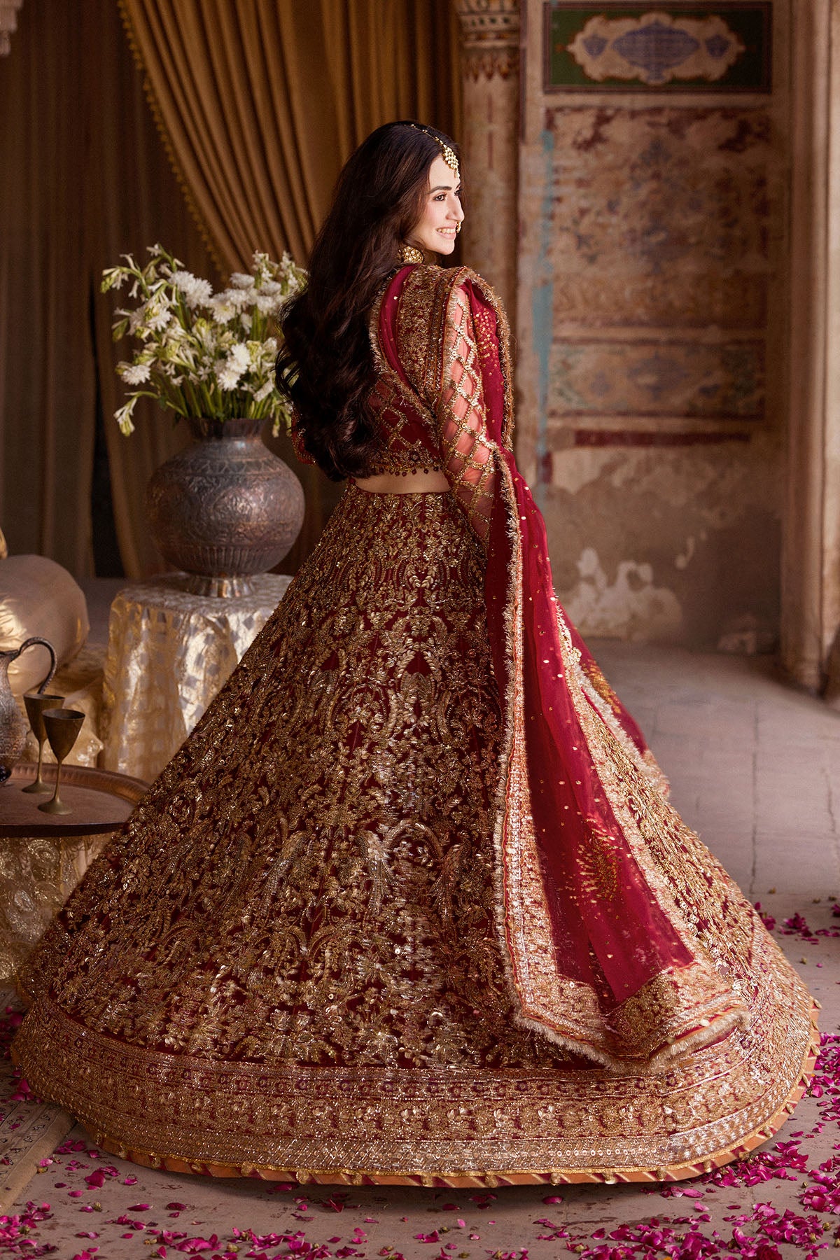 Crimson Hand-Embellished Silk Net Bridal Lehenga (3-Piece) - Image 7