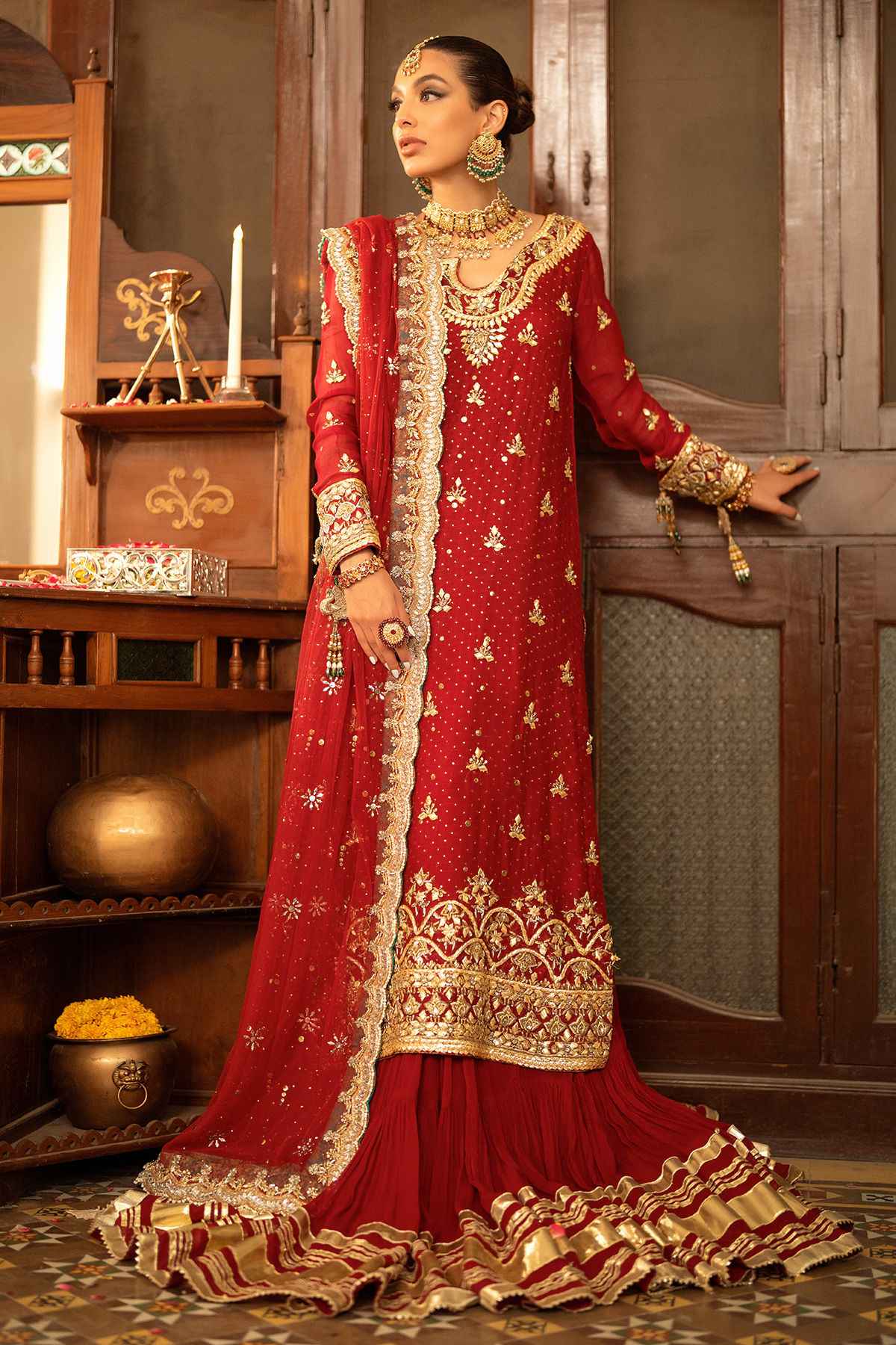 Deep Scarlet Gota Kaamdani Silk Net Lehenga (3-Piece) - Image 1