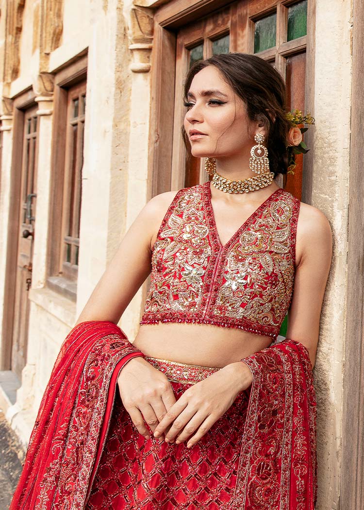Pakistani Deep Red Embroidered Silk Bridal Lehenga (3-Piece) - Image 2
