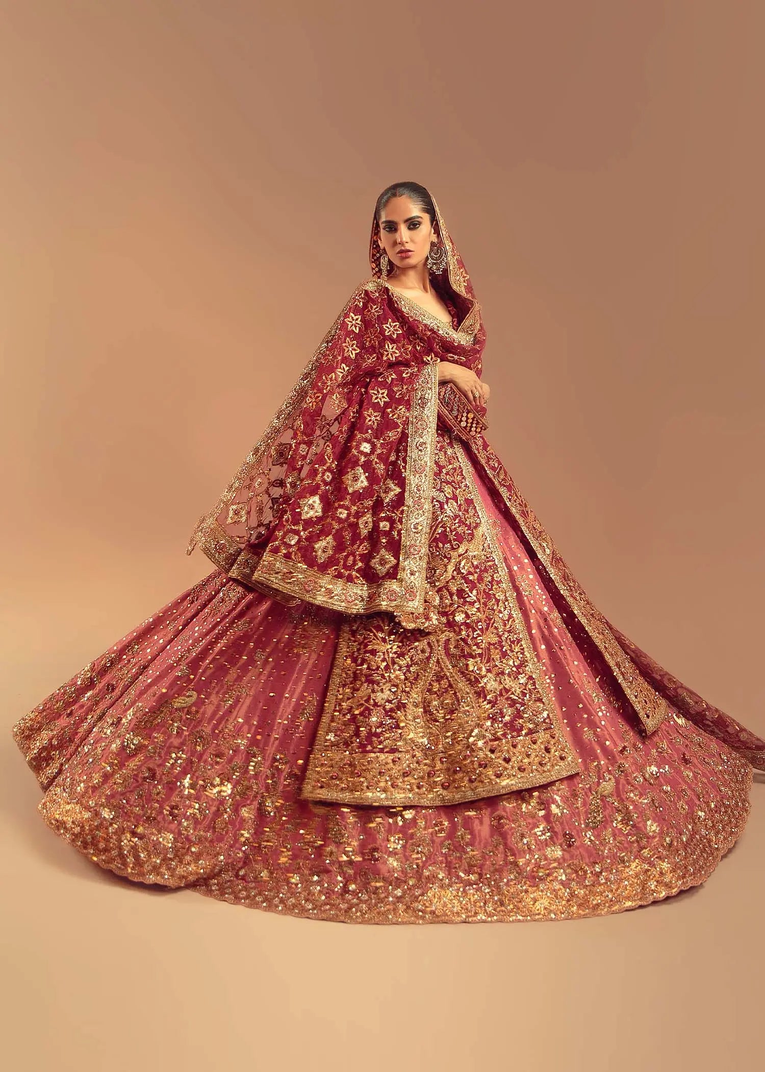 Pakistani Deep Red Embroidered Silk-Satin Bridal Lehenga (3-Piece) - Image 2