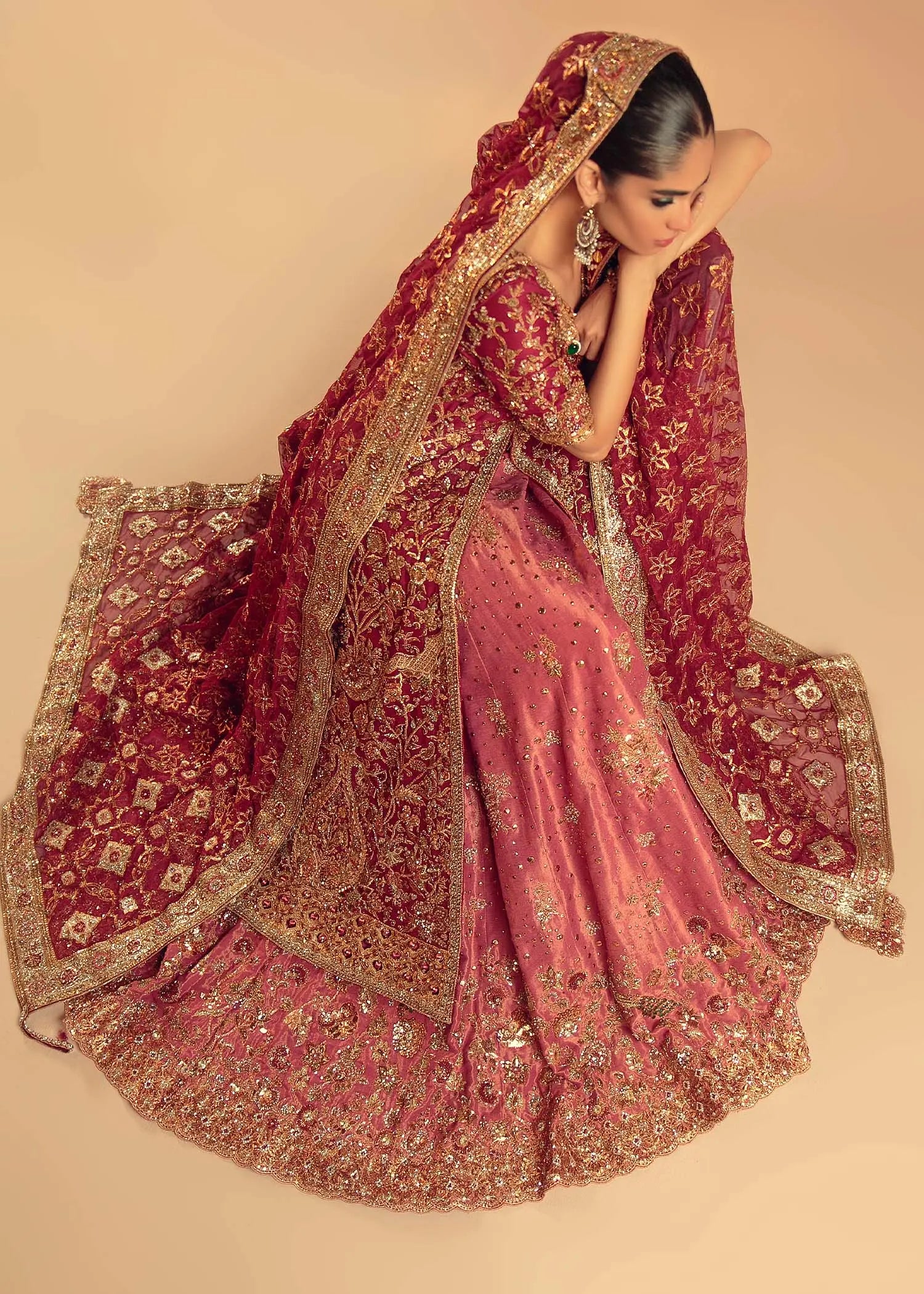 Pakistani Deep Red Embroidered Silk-Satin Bridal Lehenga (3-Piece) - Image 4