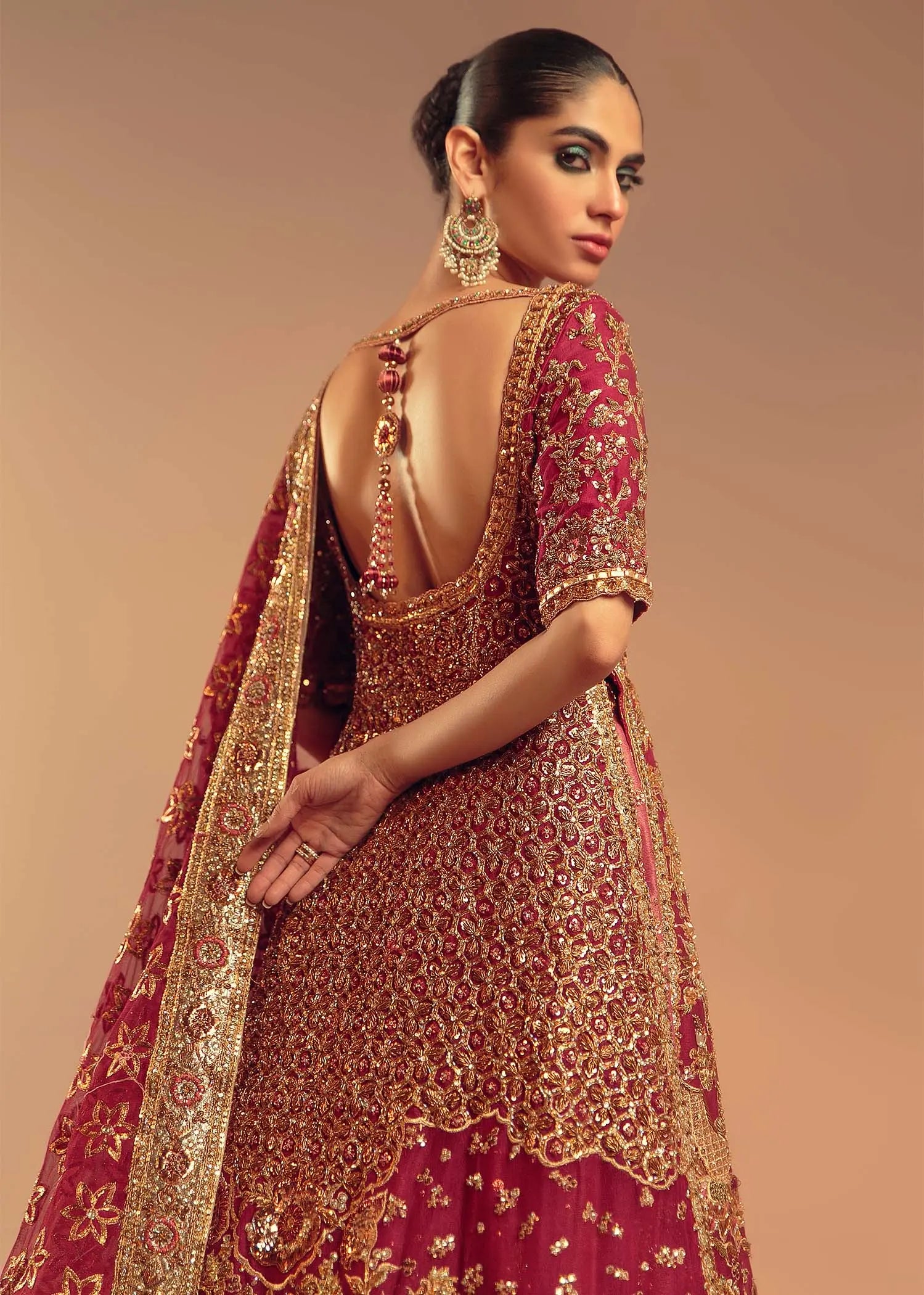 Pakistani Deep Red Embroidered Silk-Satin Bridal Lehenga (3-Piece) - Image 5