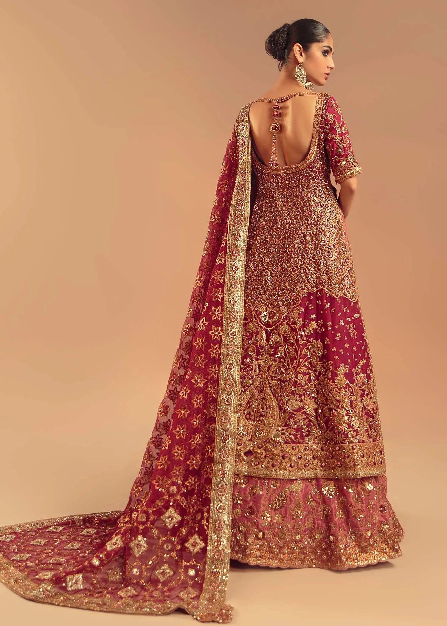 Pakistani Deep Red Embroidered Silk-Satin Bridal Lehenga (3-Piece) - Image 6