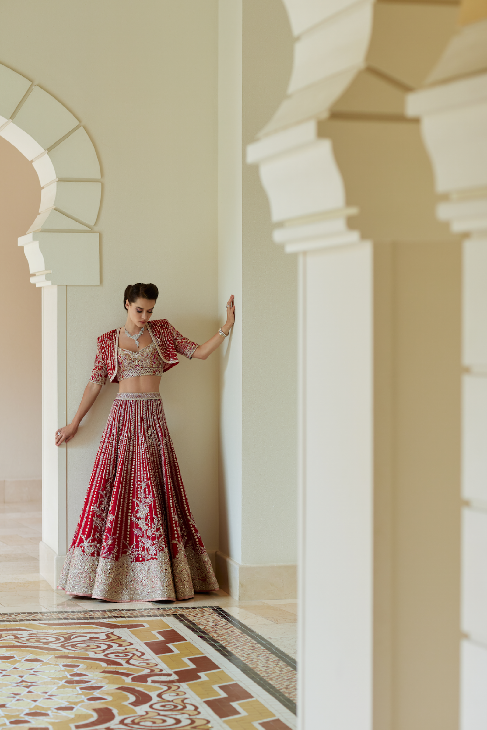 Deep Red Embroidered Silk Lehenga Set (3-Piece) - Image 1