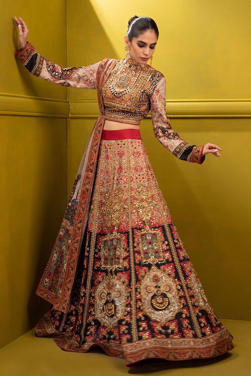 Pakistani Multi-Colour Kashmiri Embroidered Silk Lehenga Choli (3-Piece) - Image 1