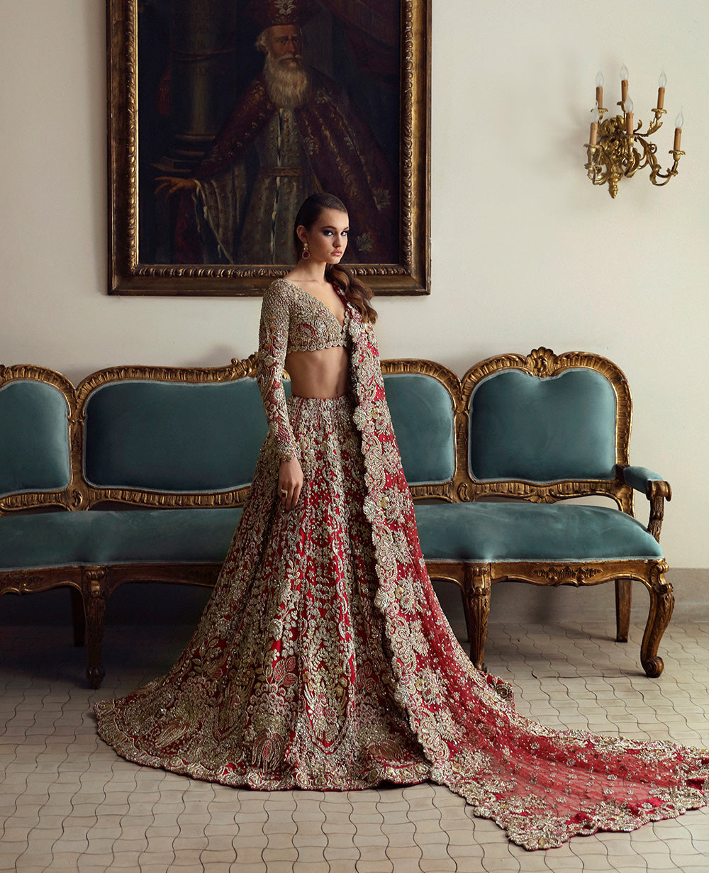 Pakistani Red Embellished Silk Bridal Lehenga Choli (3-Piece) - Image 1