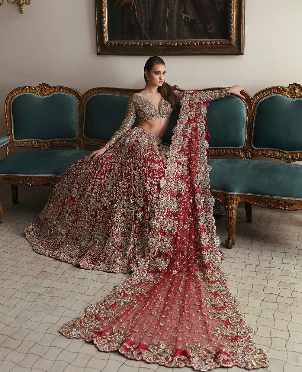 Pakistani Red Embellished Silk Bridal Lehenga Choli (3-Piece) - Image 3