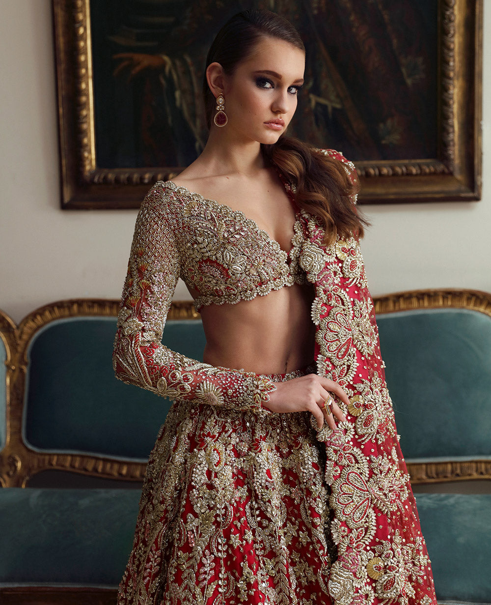 Pakistani Red Embellished Silk Bridal Lehenga Choli (3-Piece) - Image 4