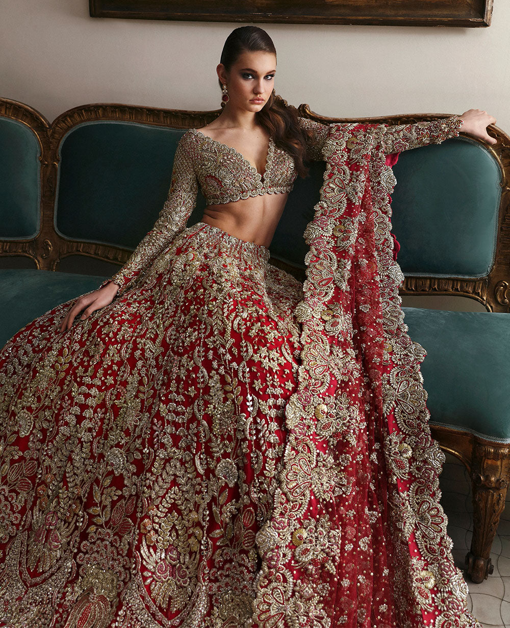 Pakistani Red Embellished Silk Bridal Lehenga Choli (3-Piece) - Image 5
