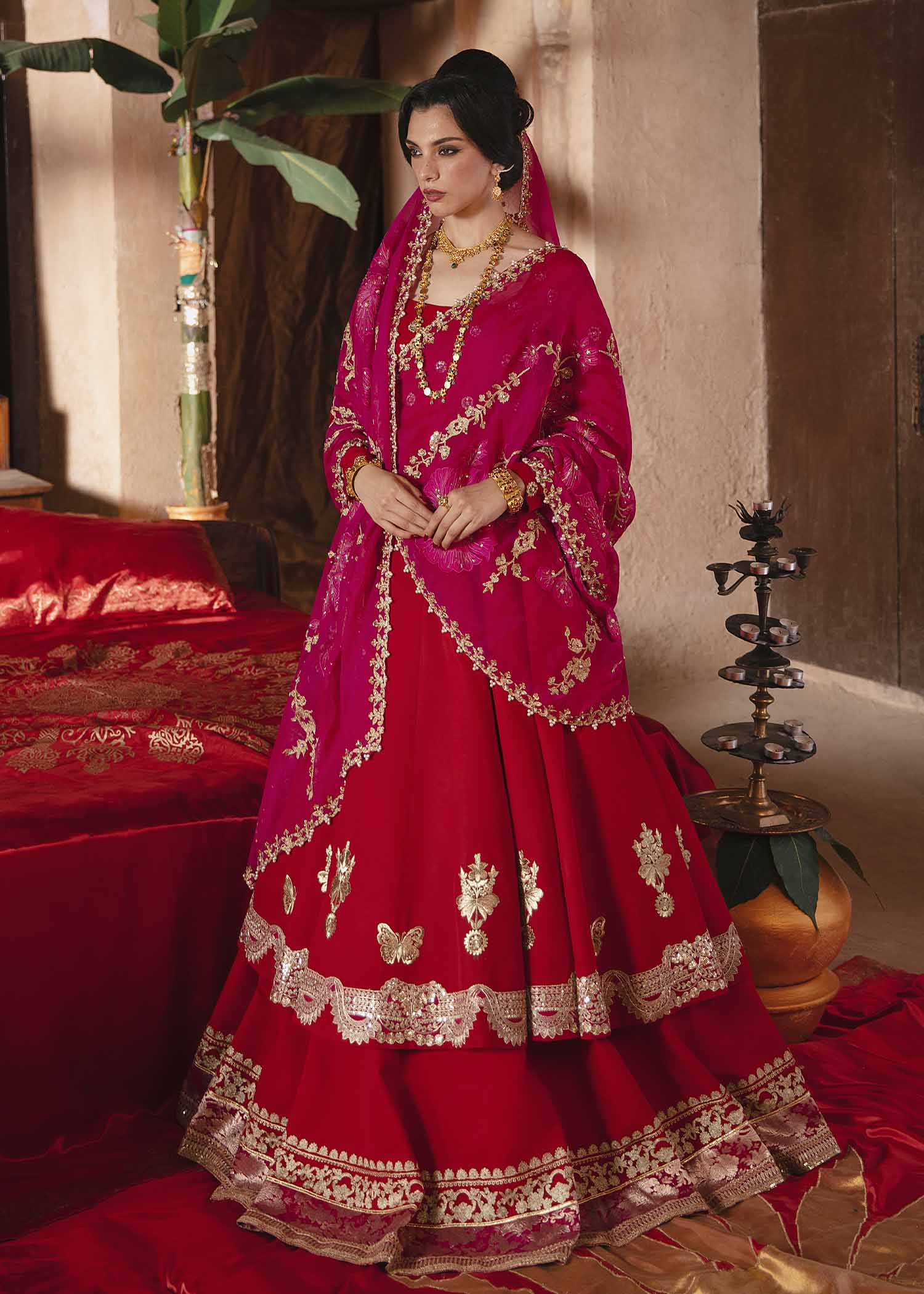Pakistani Ruby Red Embroidered Silk Pishwas Lehenga (3-Piece) - Image 1