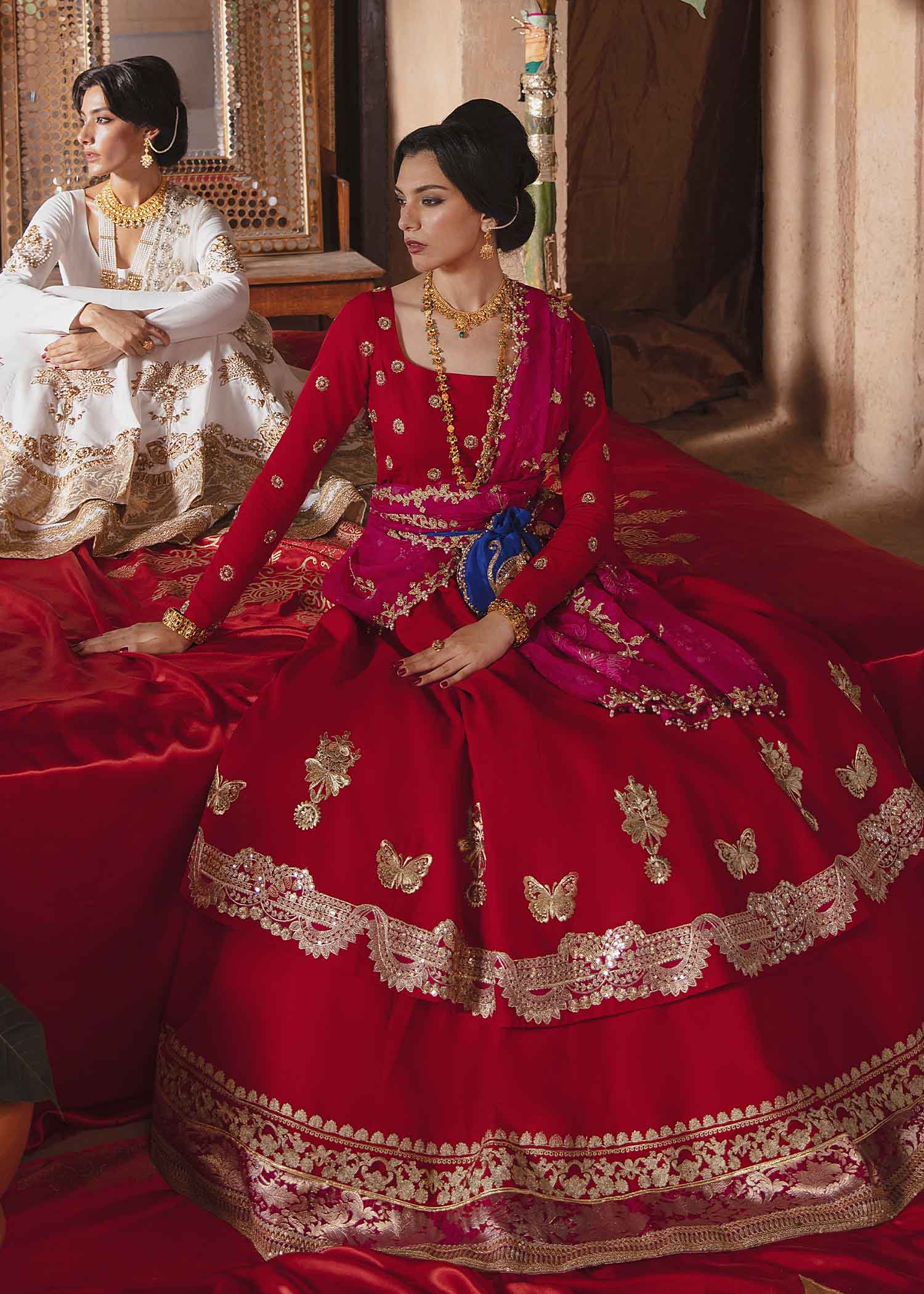 Pakistani Ruby Red Embroidered Silk Pishwas Lehenga (3-Piece) - Image 3