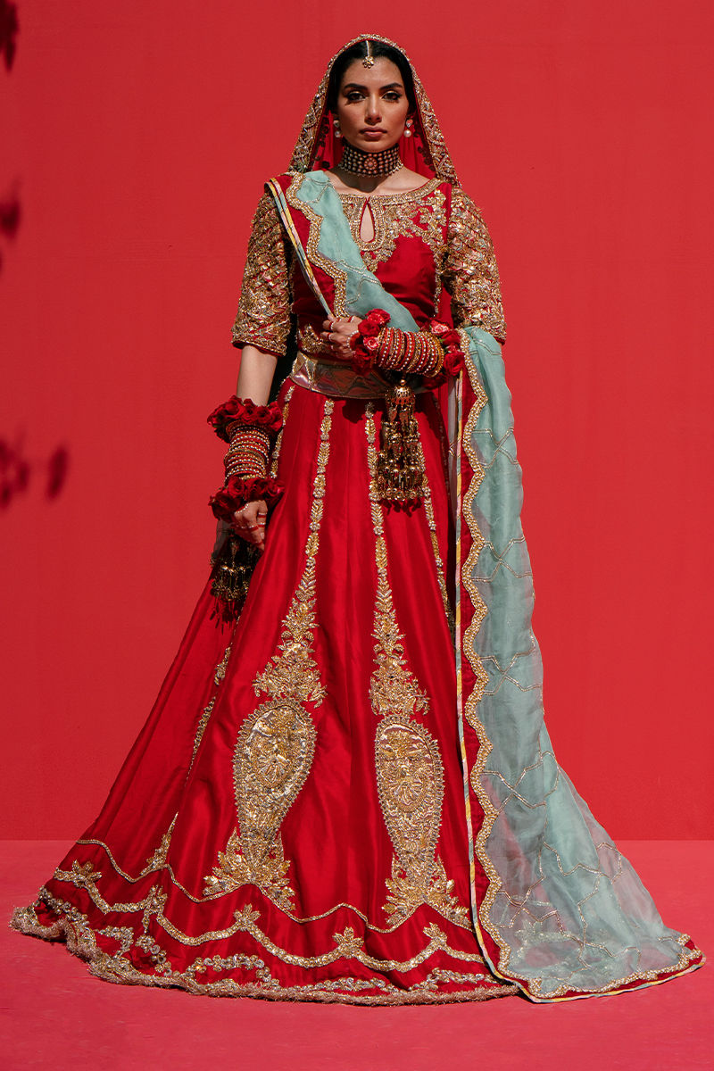 Pakistani Blood Red Embellished Silk Lehenga Choli (3-Piece) - Image 1
